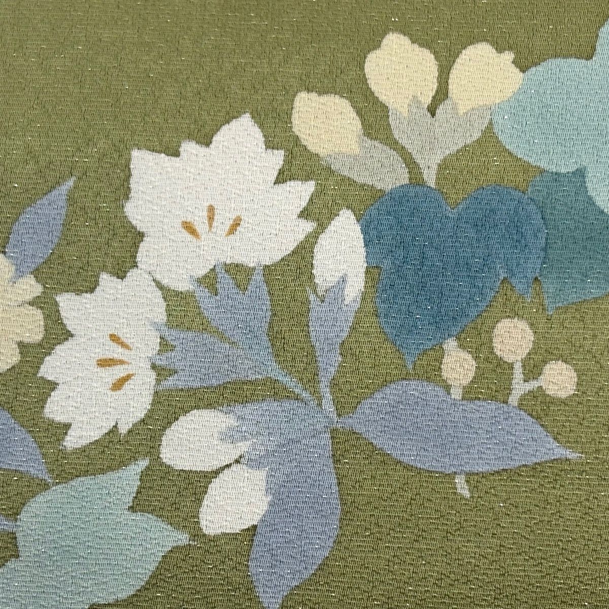 袋帯 名品 落款 葉と実 枝花 箔 よもぎ色 お太鼓柄 正絹