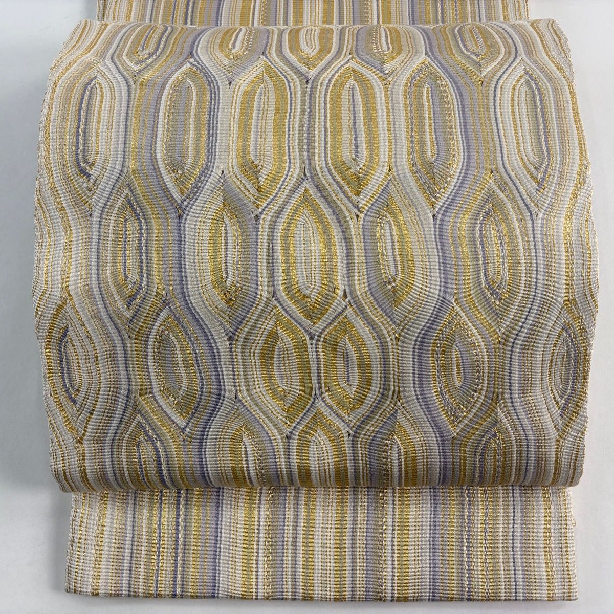 袋帯 名品 幾何学模様 縞 金糸 ベージュ お太鼓柄 正絹