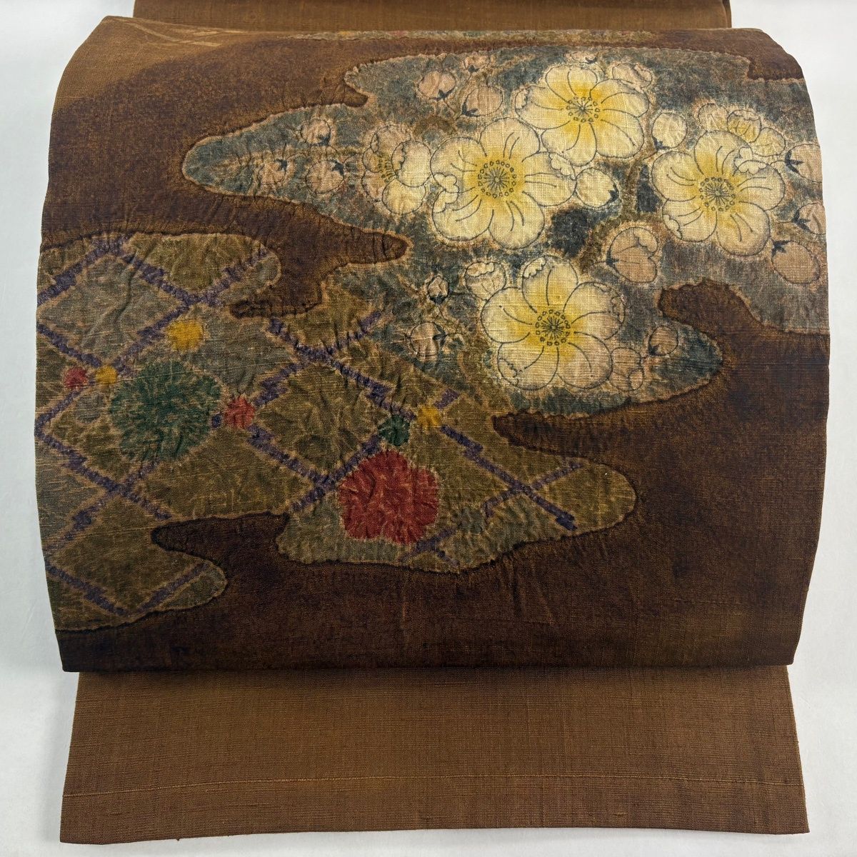 袋帯 名品 紬地 辻が花柄 霞 焦茶色 お太鼓柄 正絹