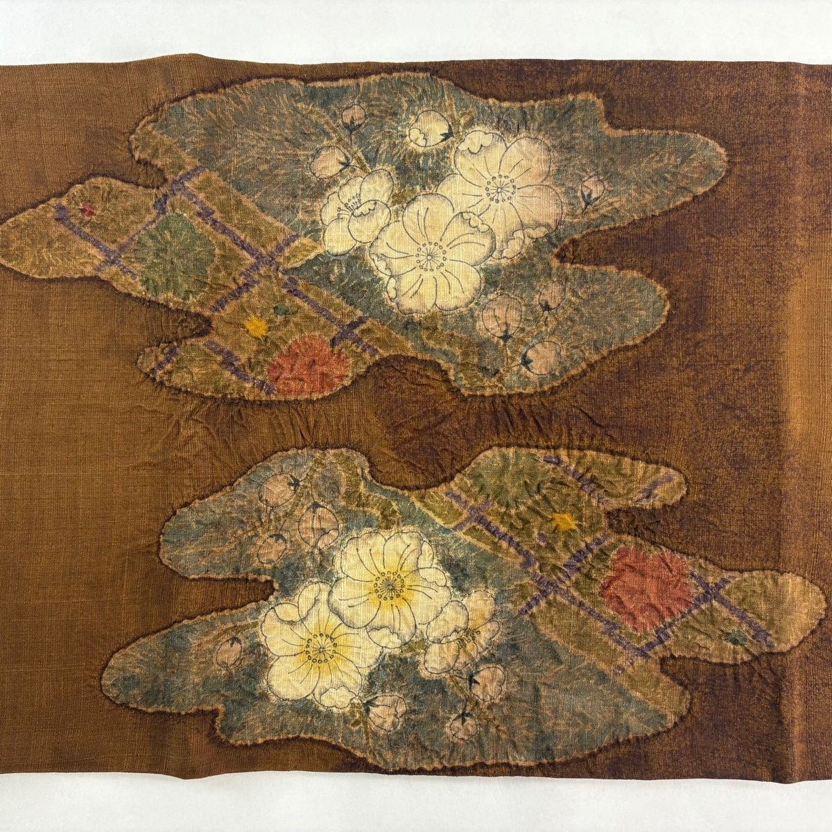  袋帯 名品 紬地 辻が花柄 霞 焦茶色 お太鼓柄 正絹 袋帯 帯