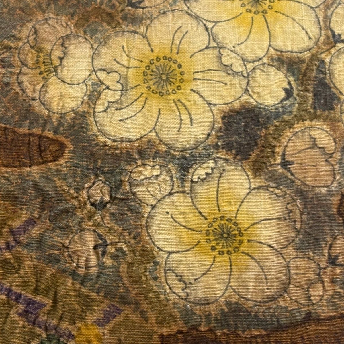 袋帯 名品 紬地 辻が花柄 霞 焦茶色 お太鼓柄 正絹