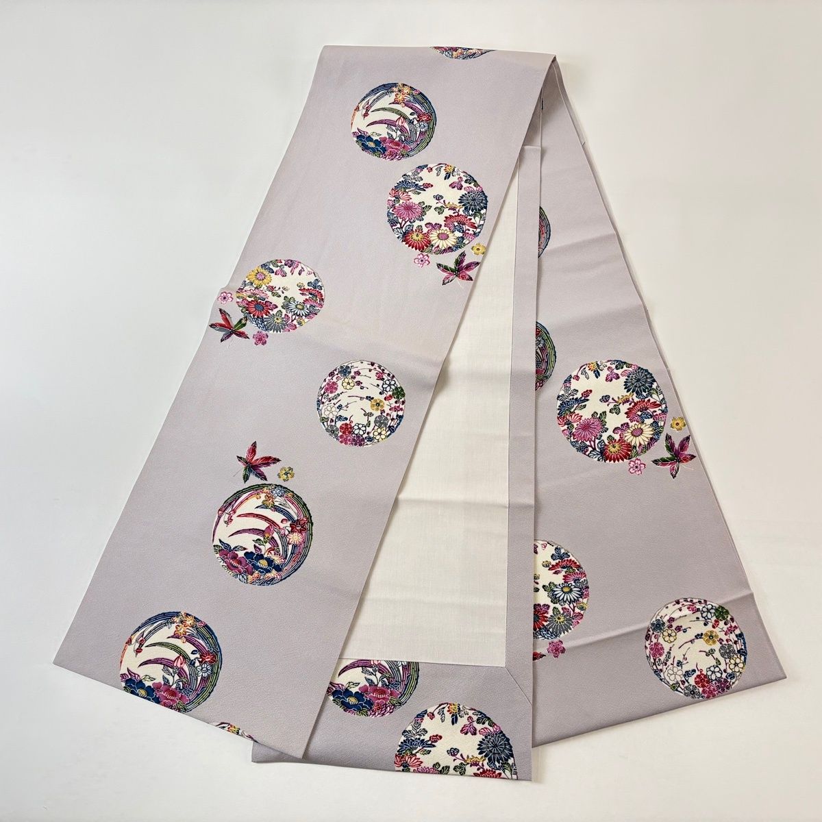  開き名古屋帯 名品 丸文 草花 薄紫 正絹 名古屋帯 帯