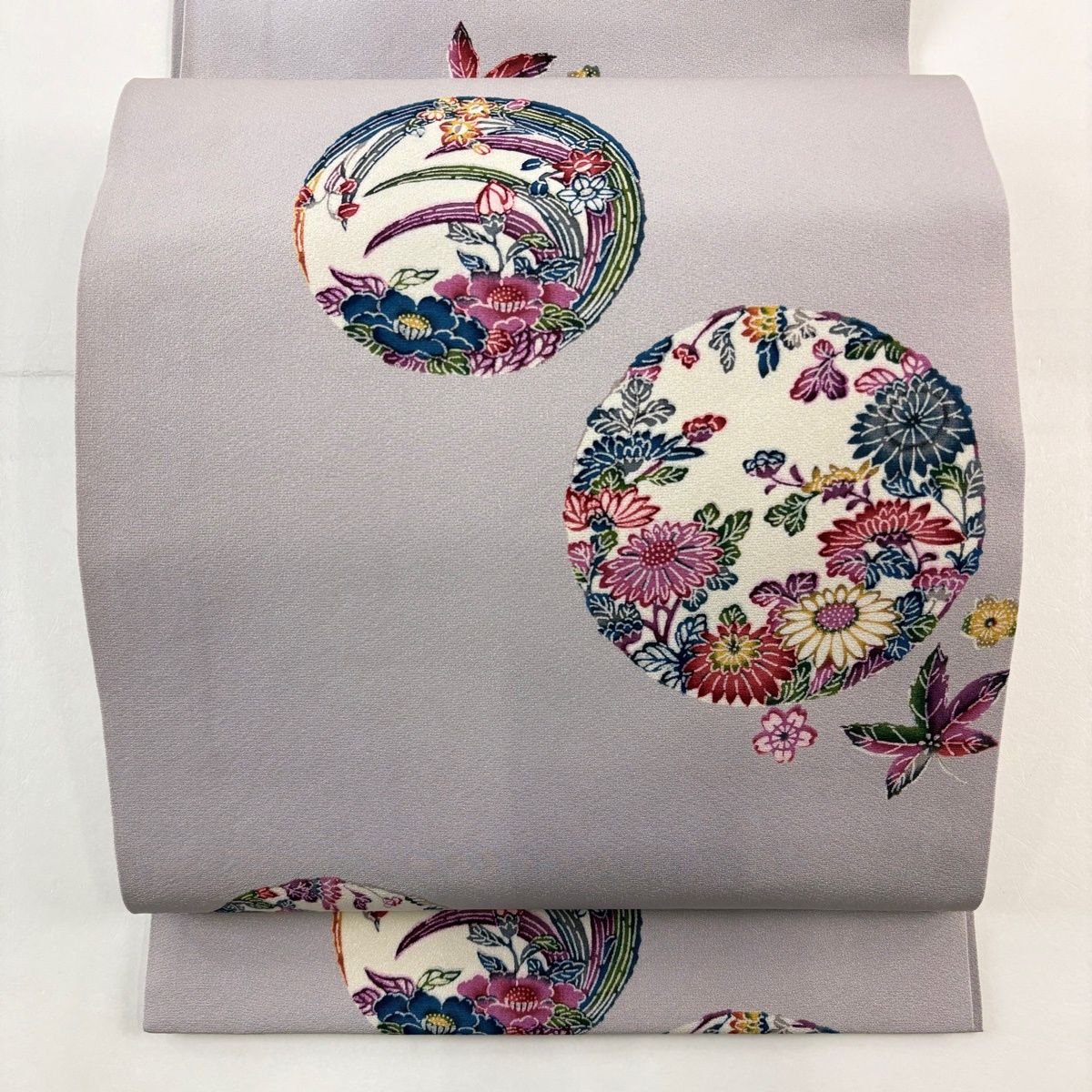 開き名古屋帯 名品 丸文 草花 薄紫 正絹