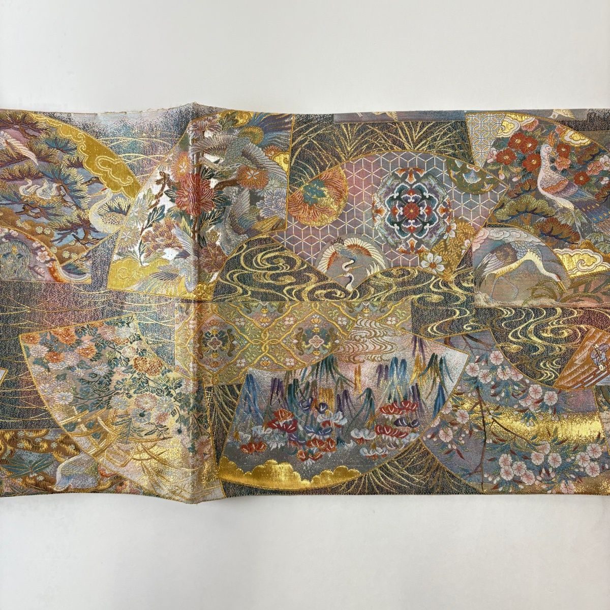  丸帯 名品 扇面 草花 箔 金糸 青緑 お太鼓柄 正絹 丸帯 帯