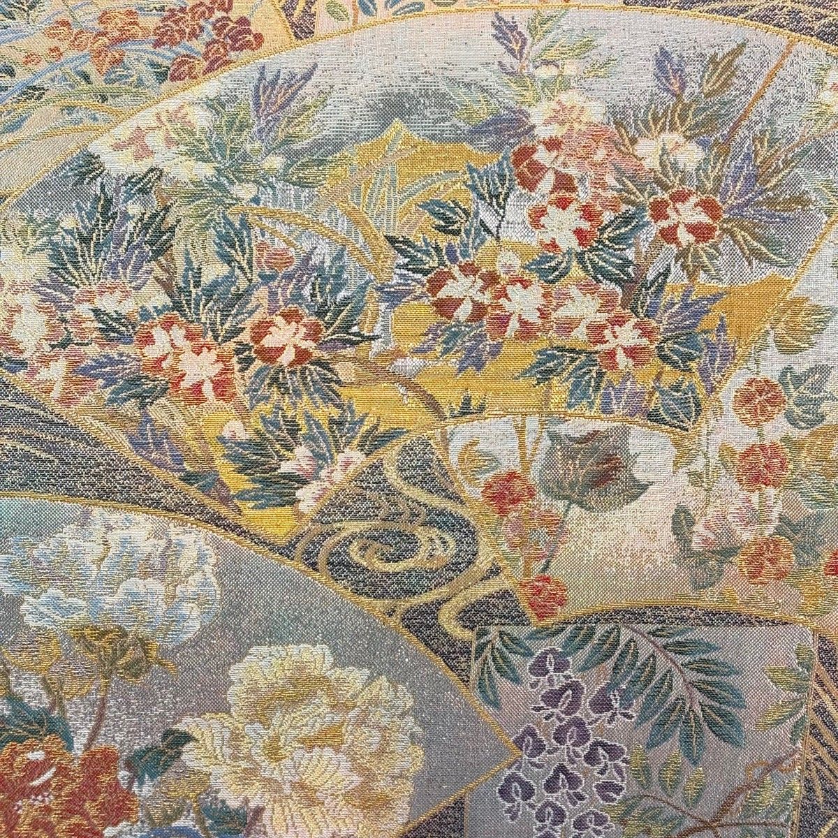 丸帯 名品 扇面 草花 箔 金糸 青緑 お太鼓柄 正絹