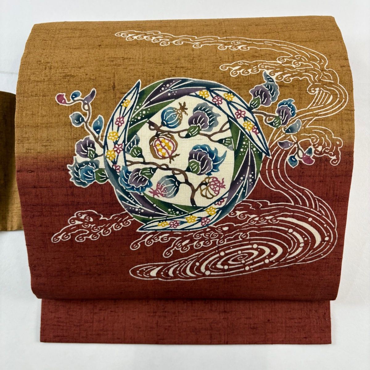 名古屋帯 名品 紬地 枝花 波頭 赤茶 正絹