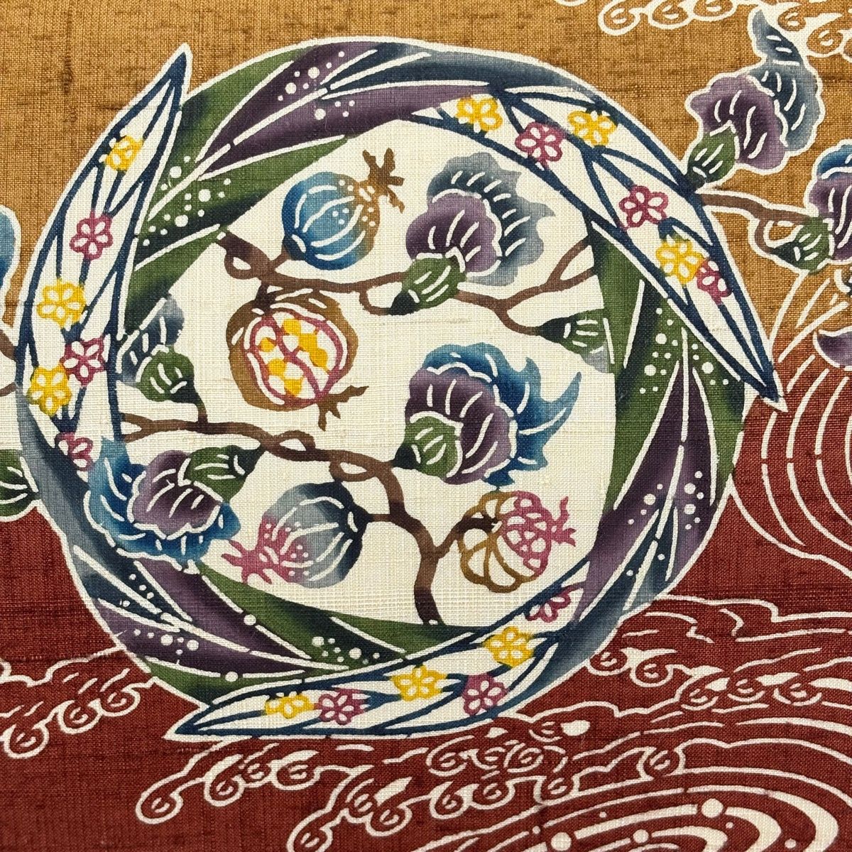 名古屋帯 名品 紬地 枝花 波頭 赤茶 正絹