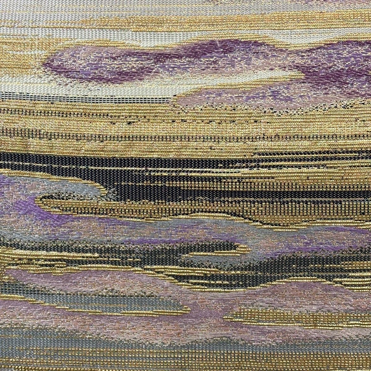 袋帯 名品 霞 段縞 金糸 箔 灰色 お太鼓柄 正絹