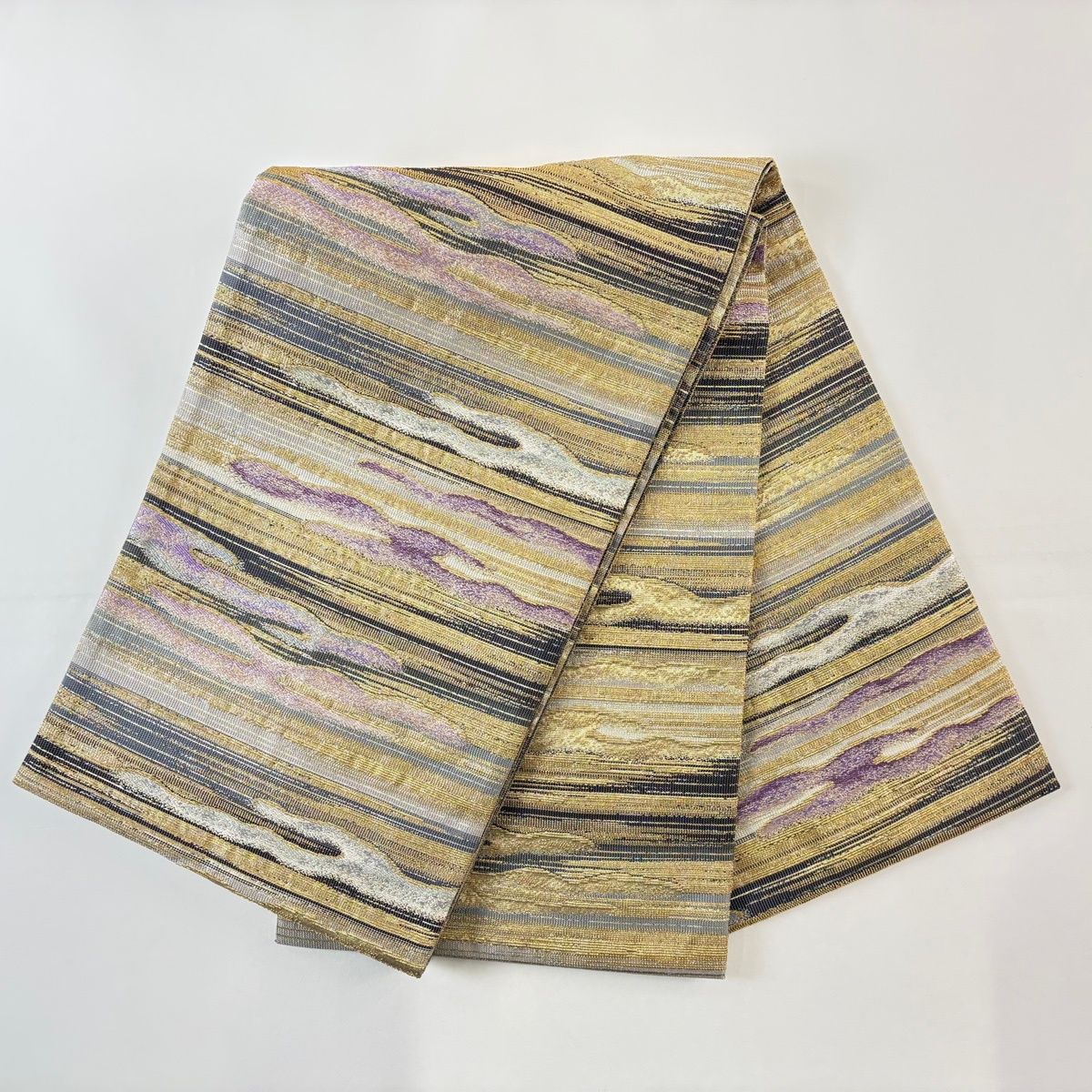  袋帯 名品 霞 段縞 金糸 箔 灰色 お太鼓柄 正絹 袋帯 帯