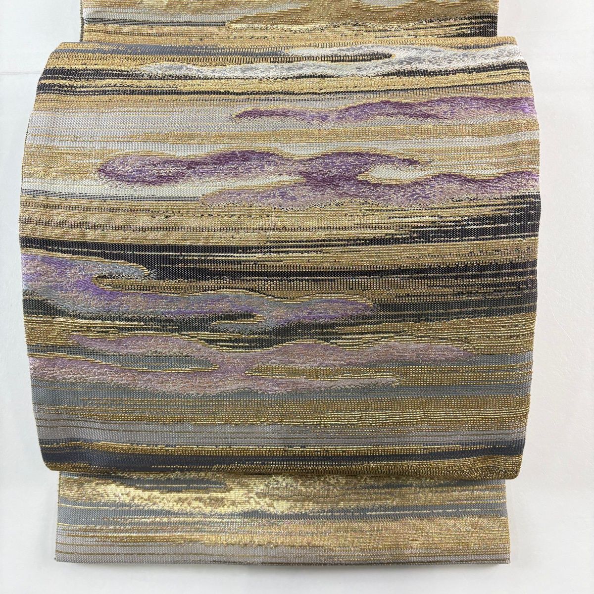 袋帯 名品 霞 段縞 金糸 箔 灰色 お太鼓柄 正絹