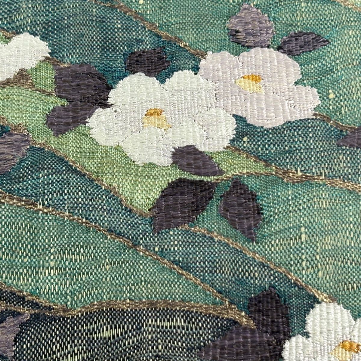 袋帯 名品 じゅらく 草花 金銀糸 薄緑 お太鼓柄 正絹