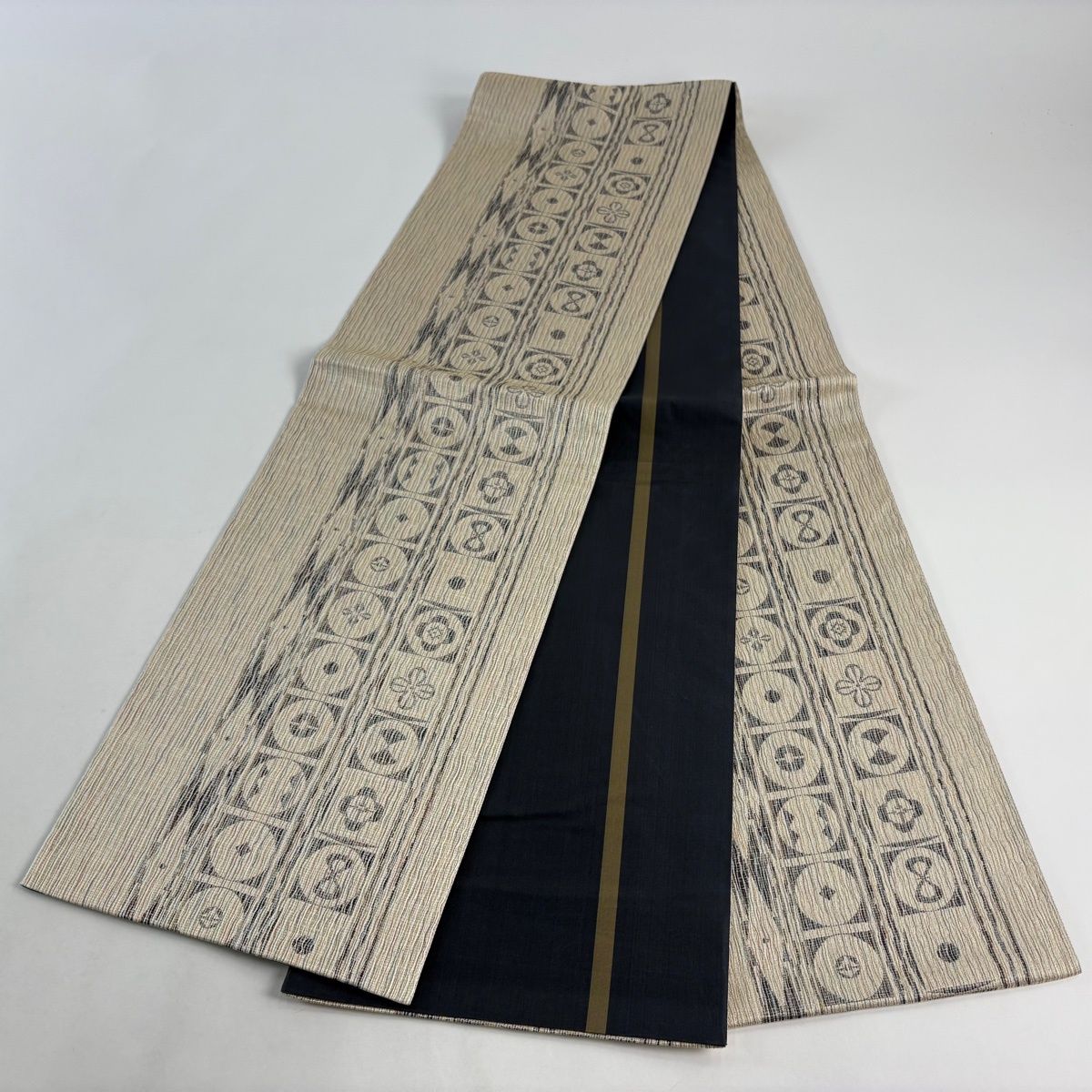  袋帯 名品 落款 古賀勝幸 花 丸文 金糸 ベージュ 全通 正絹 袋帯 帯