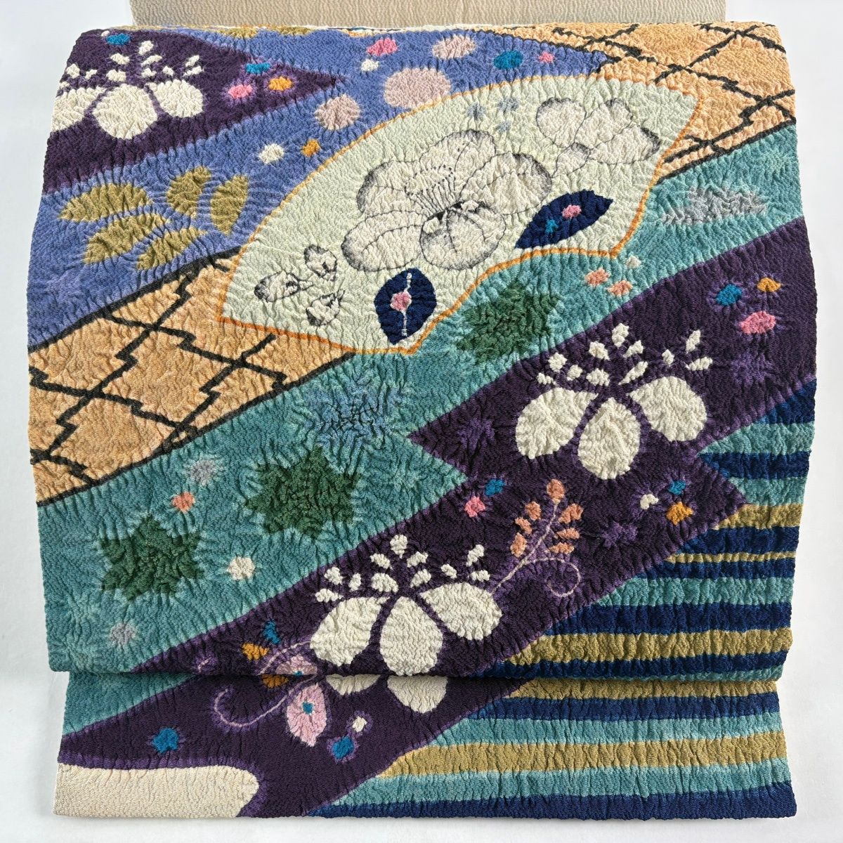 開き名古屋帯 名品 落款 扇面 草花 絞り 紫 正絹