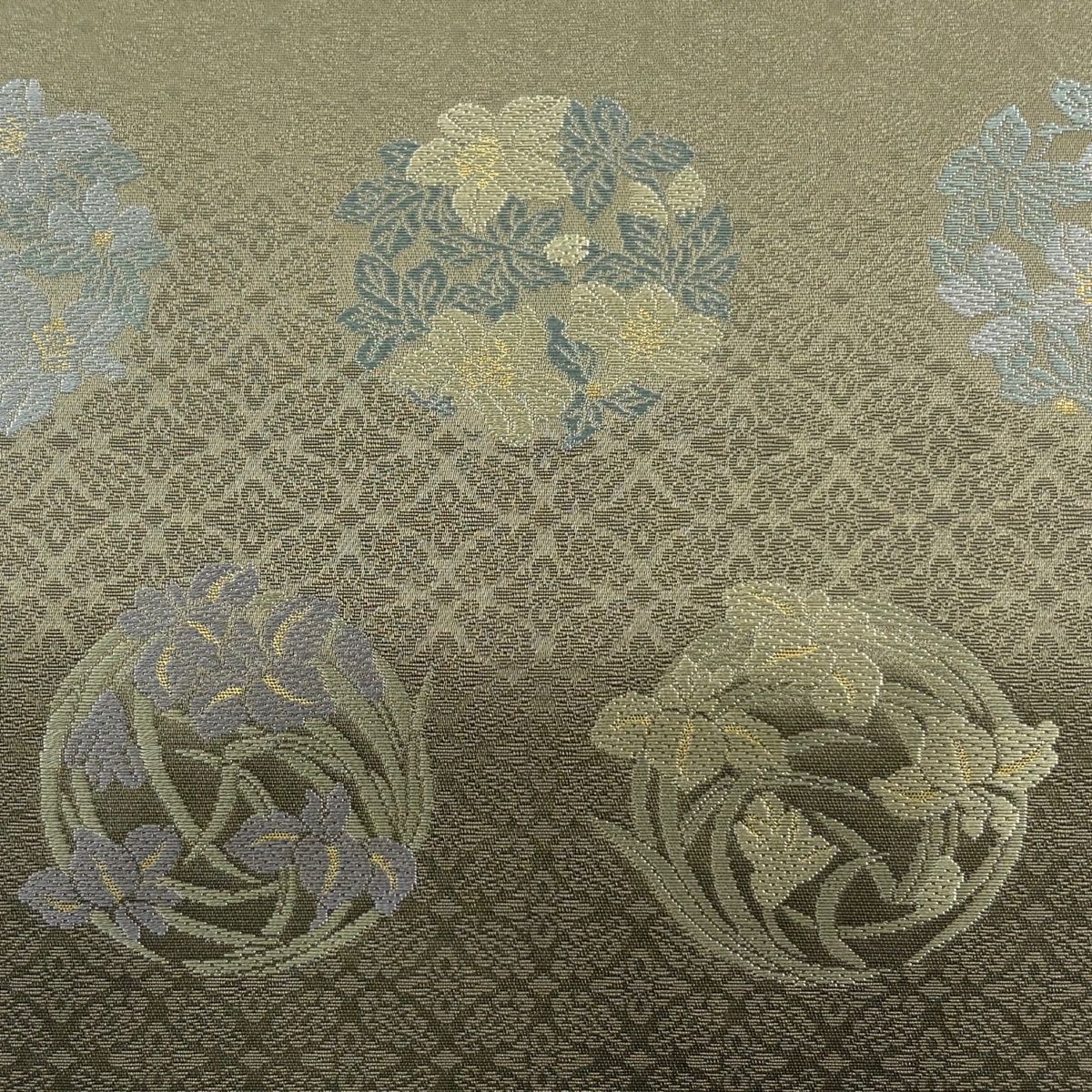 袋帯 名品 箔屋清兵衛 落款 花丸文 地紋 箔 鶯色 六通 正絹