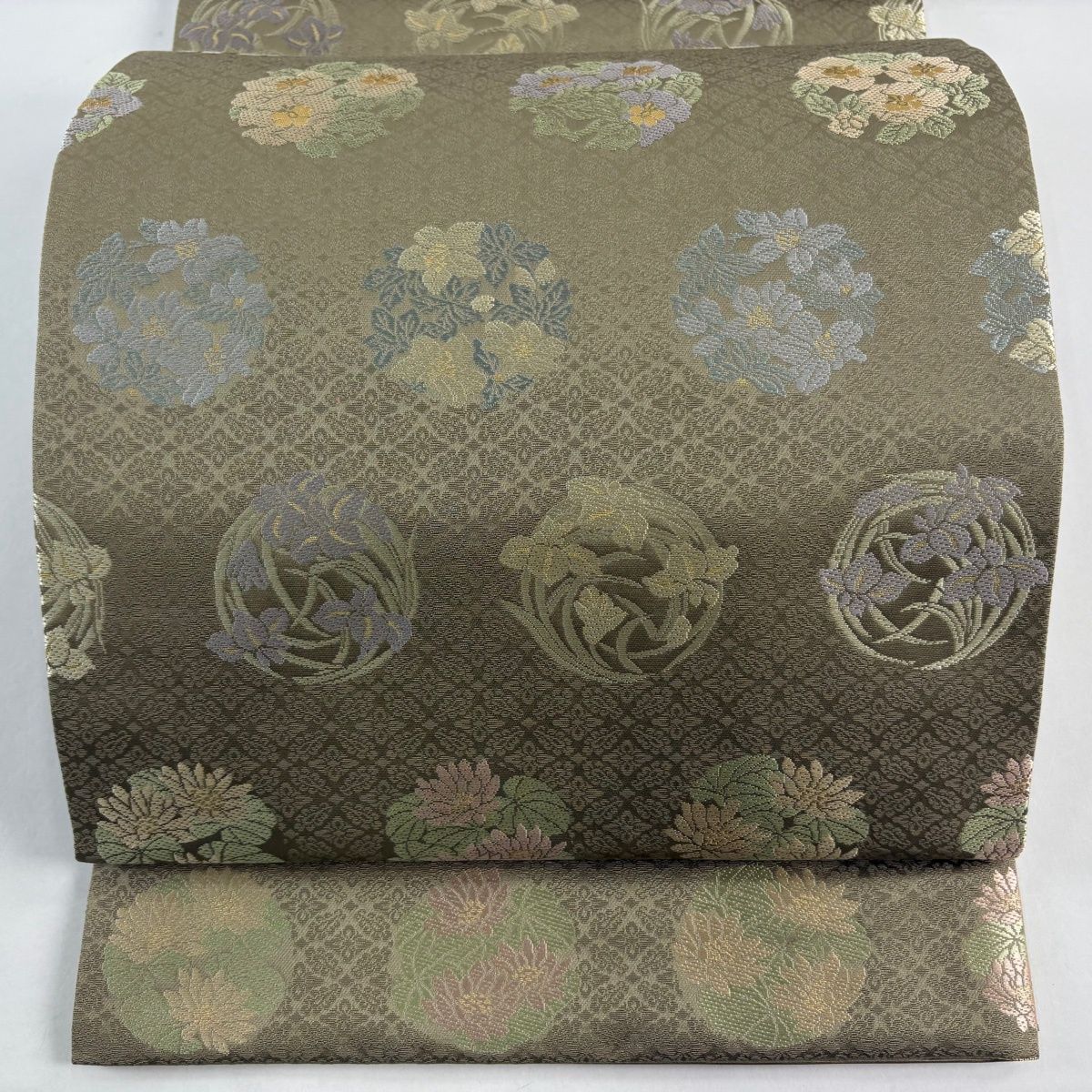 袋帯 名品 箔屋清兵衛 落款 花丸文 地紋 箔 鶯色 六通 正絹