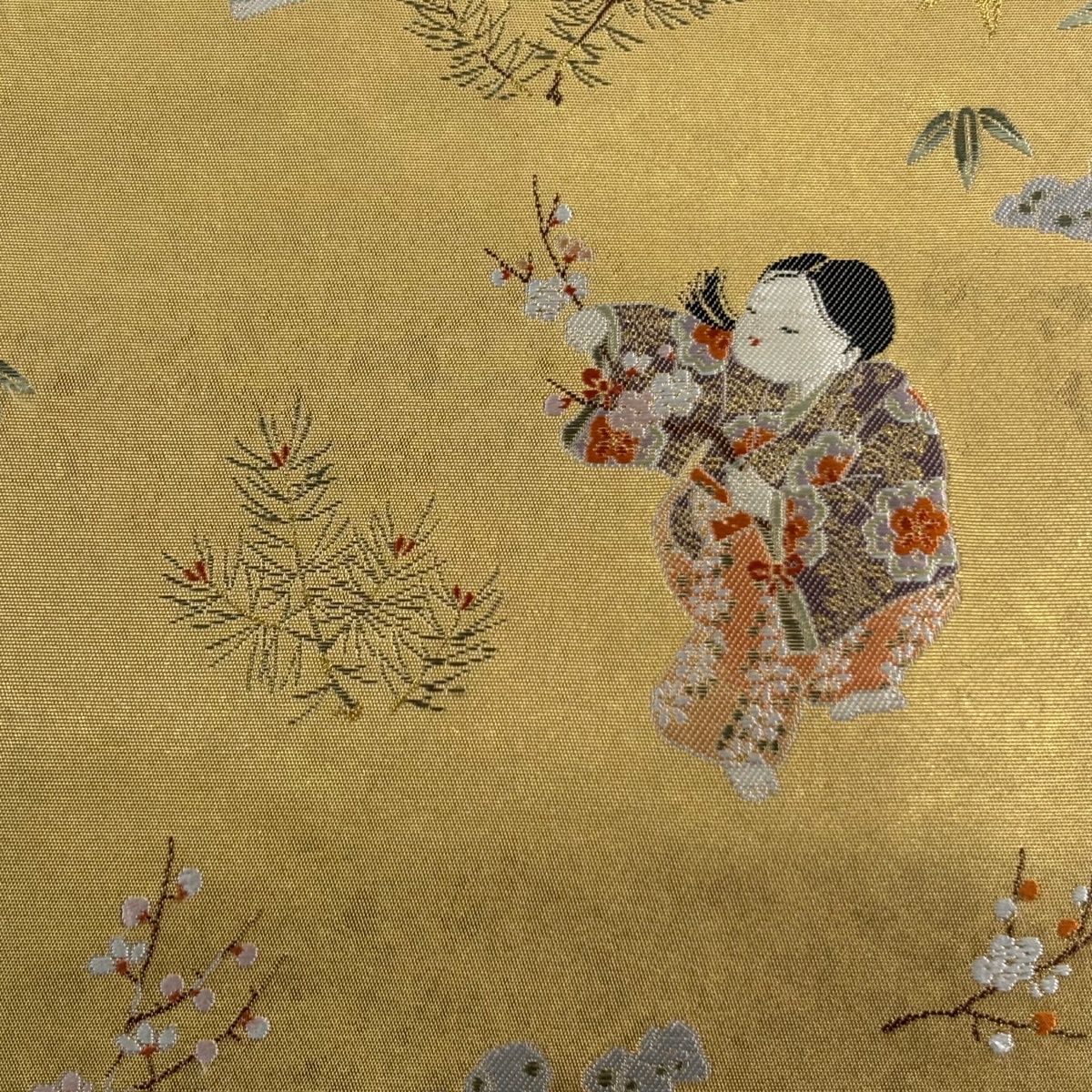 袋帯 名品 長嶋成織物 落款 瀞金錦 童子の調 関西仕立て 童 松竹梅 箔 金糸 金色 お太鼓柄 正絹