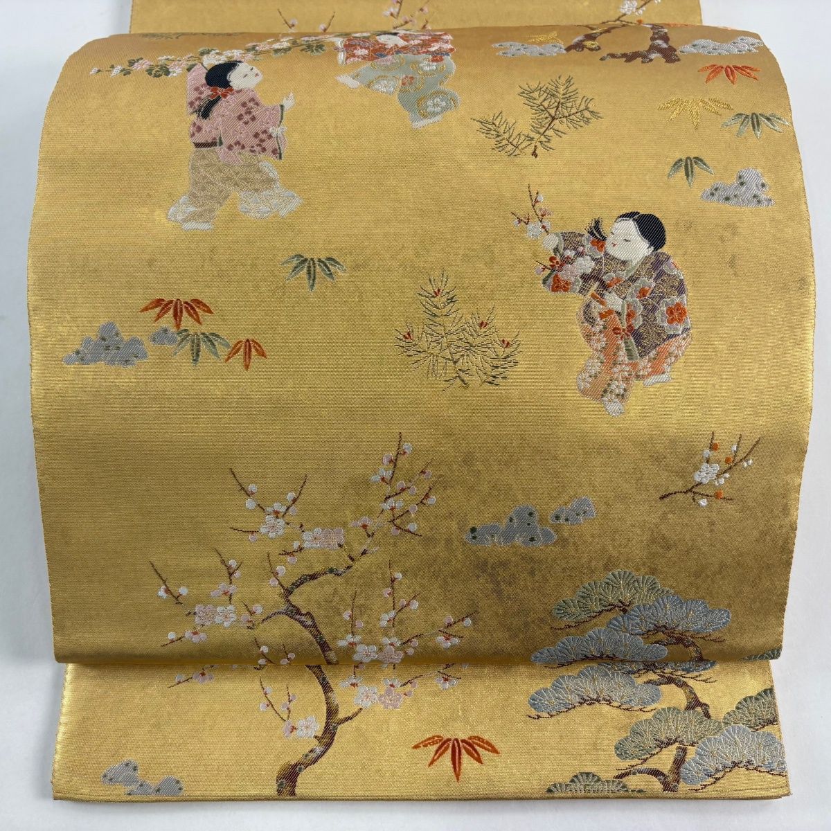袋帯 名品 長嶋成織物 落款 瀞金錦 童子の調 関西仕立て 童 松竹梅 箔 金糸 金色 お太鼓柄 正絹
