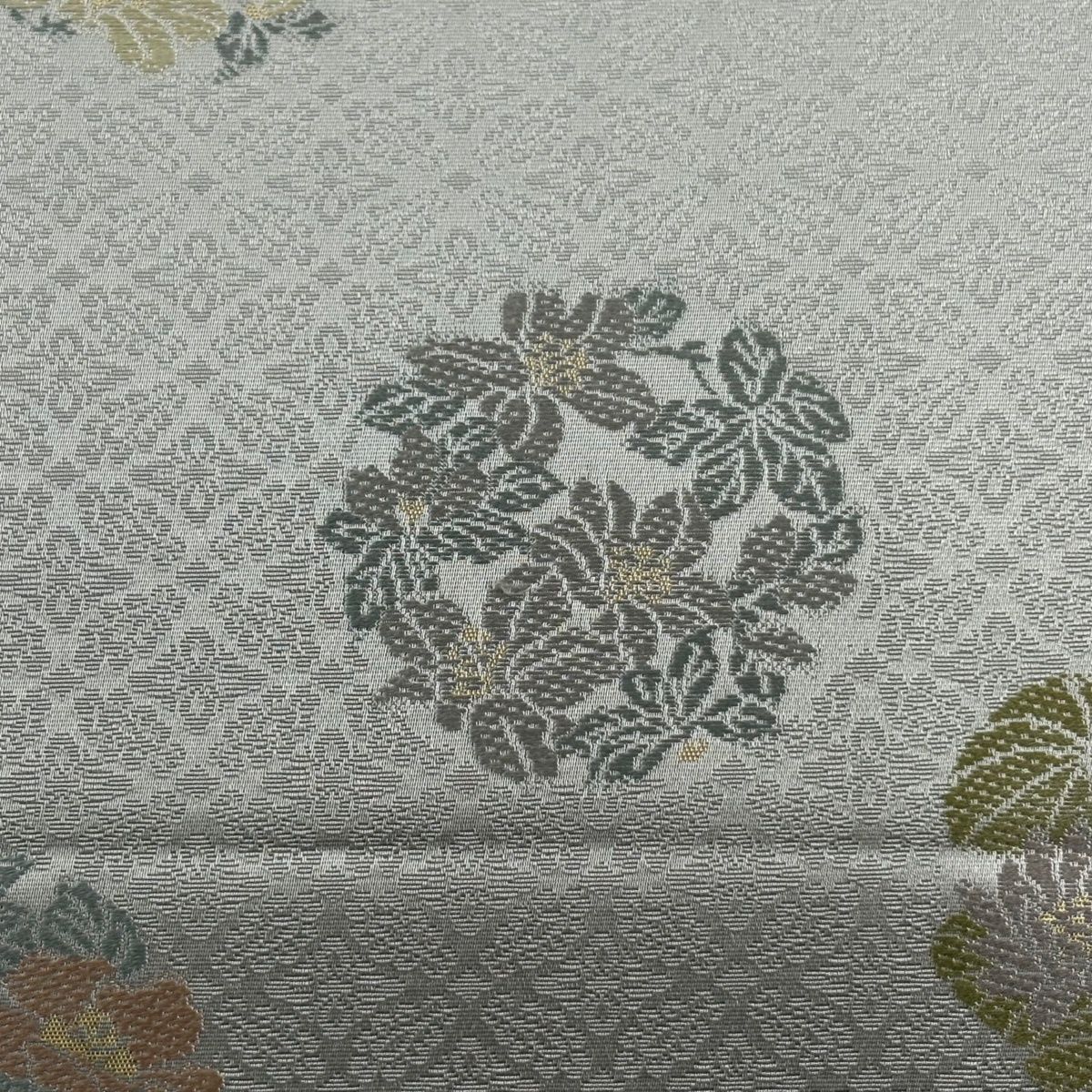 袋帯 名品 箔屋清兵衛 落款 花丸文 地紋 箔 草木染 灰色 お太鼓柄 正絹