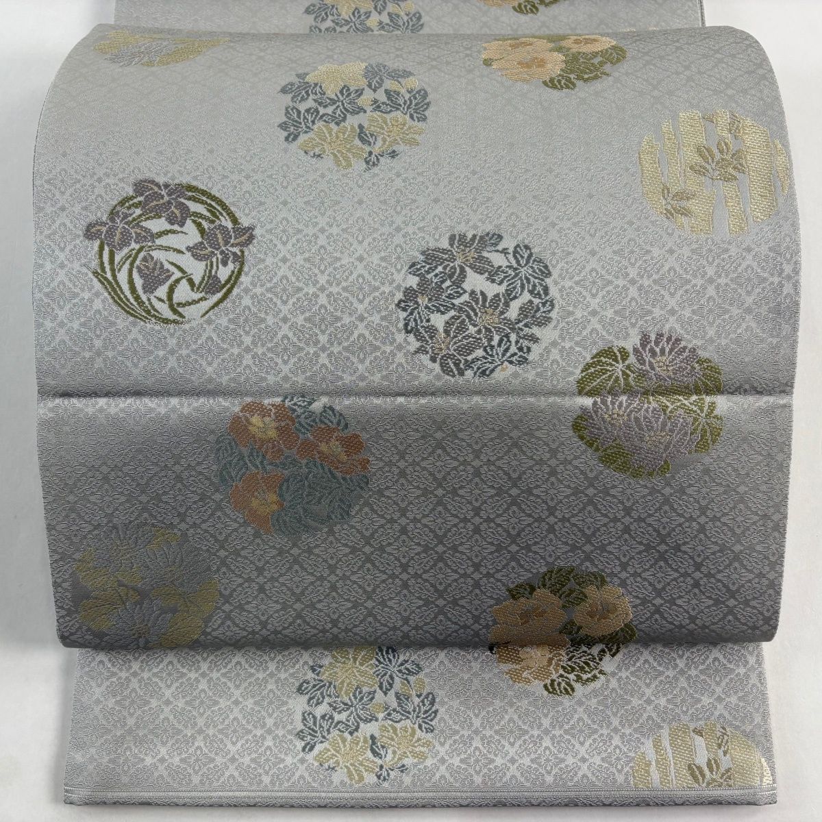 袋帯 名品 箔屋清兵衛 落款 花丸文 地紋 箔 草木染 灰色 お太鼓柄 正絹