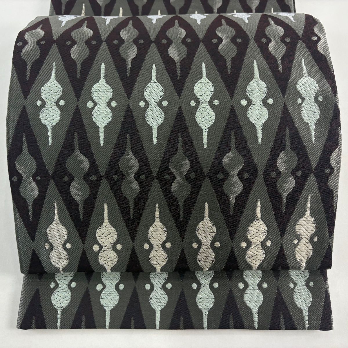 袋帯 名品 落款 篠屋卯兵衛 菱 幾何学模様 金銀糸 灰緑 六通 正絹