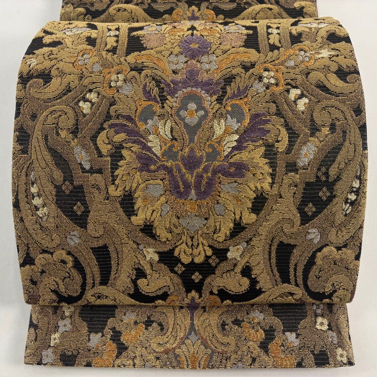 袋帯 名品 草花 輪奈織 金糸 墨色 六通 正絹