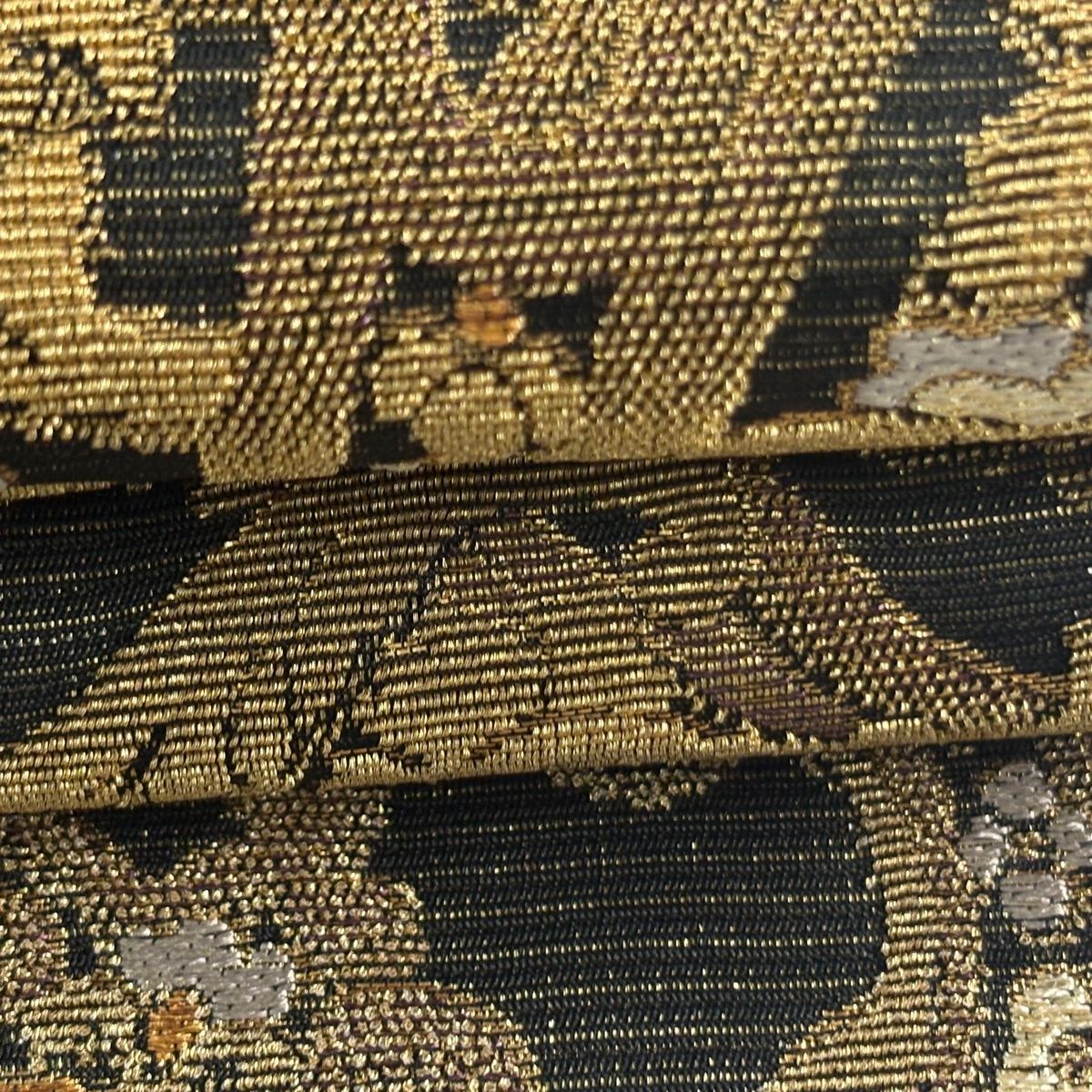  袋帯 名品 草花 輪奈織 金糸 墨色 六通 正絹 袋帯 帯