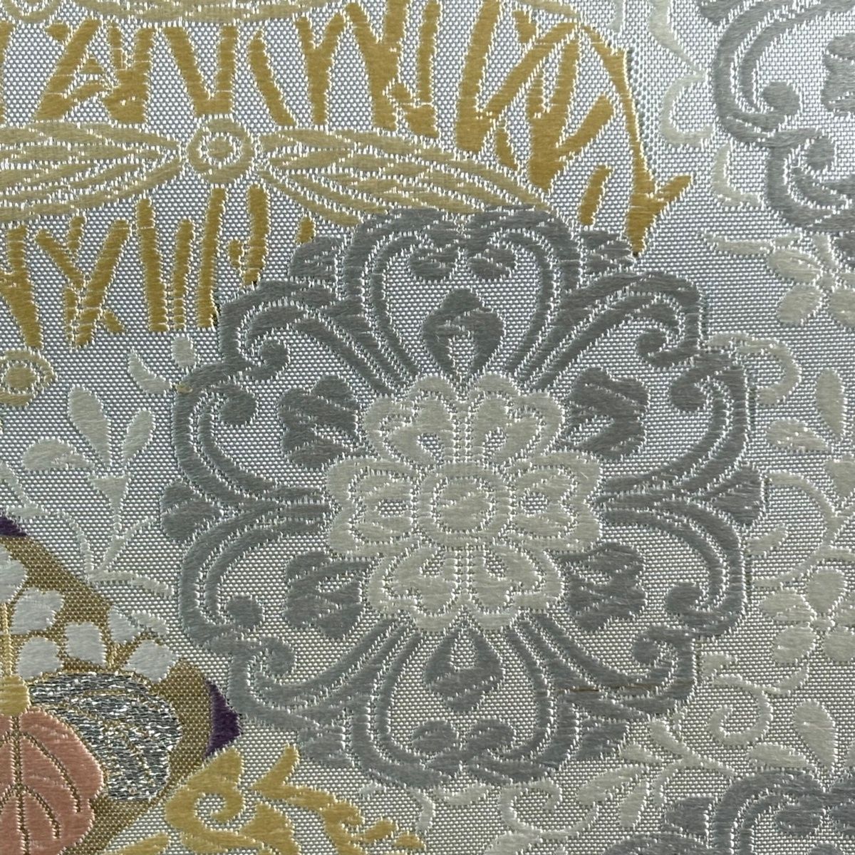 袋帯 名品 華文 亀甲 箔 唐織 青灰色 六通 正絹