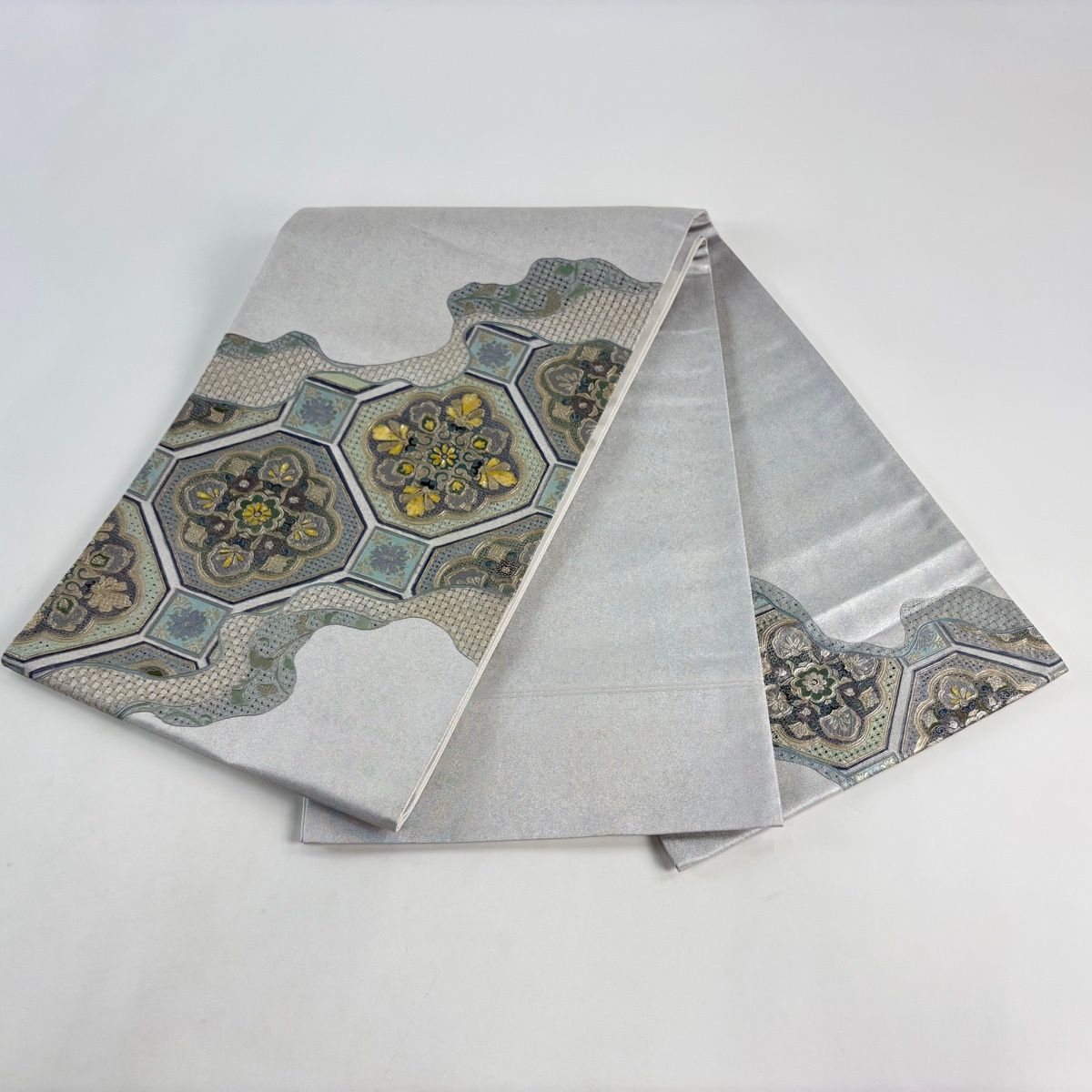  袋帯 名品 蜀江文 華文 刺繍 金銀彩 青灰色 お太鼓柄 正絹 袋帯 帯