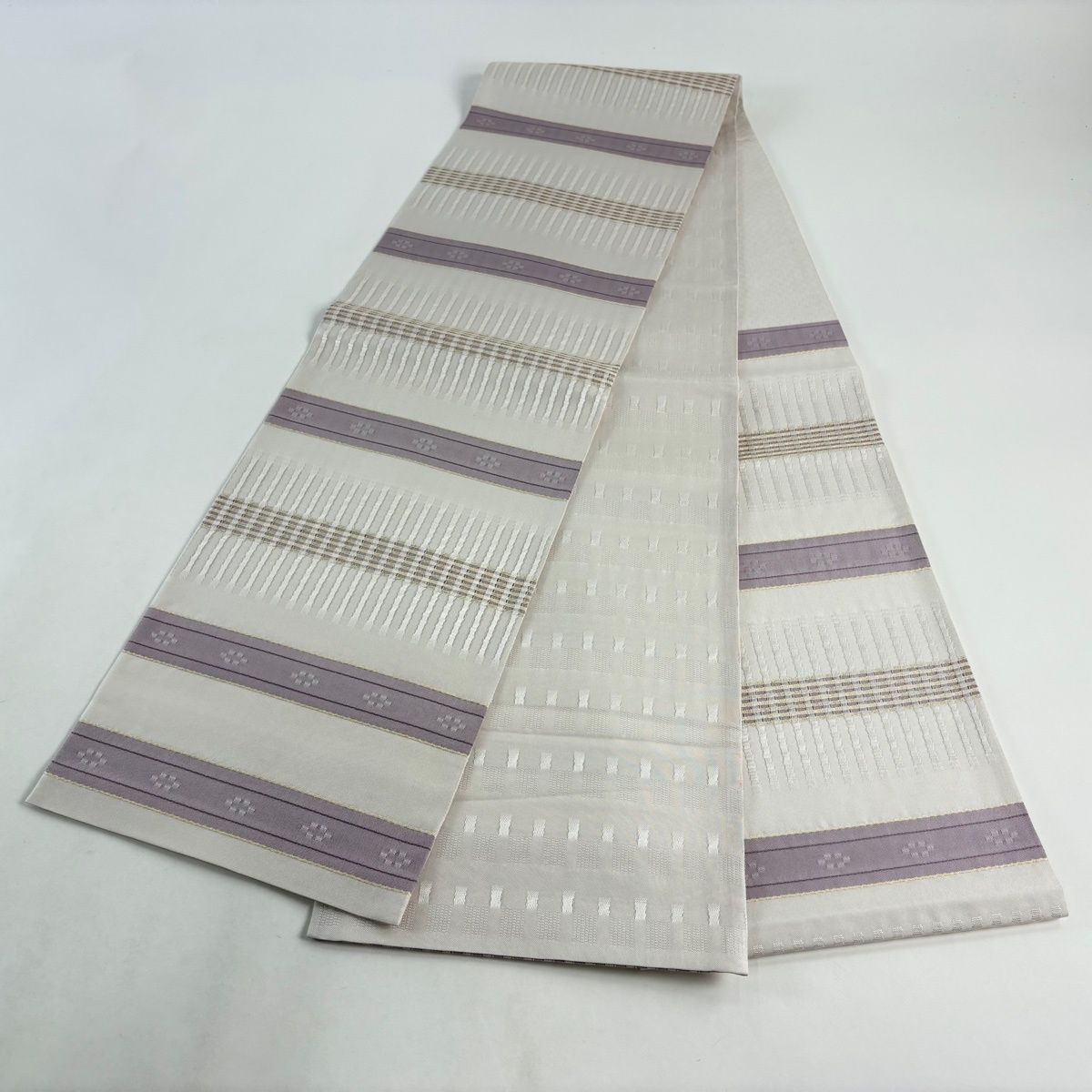  袋帯 名品 段縞 幾何学模様 灰白 六通 正絹 袋帯 帯