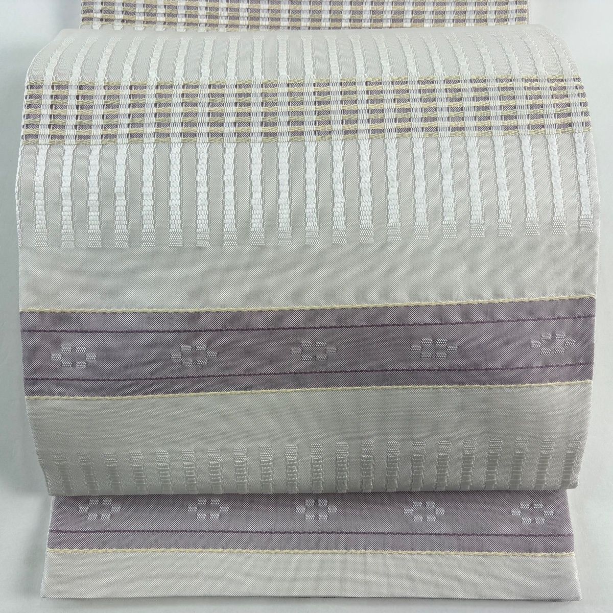 袋帯 名品 段縞 幾何学模様 灰白 六通 正絹