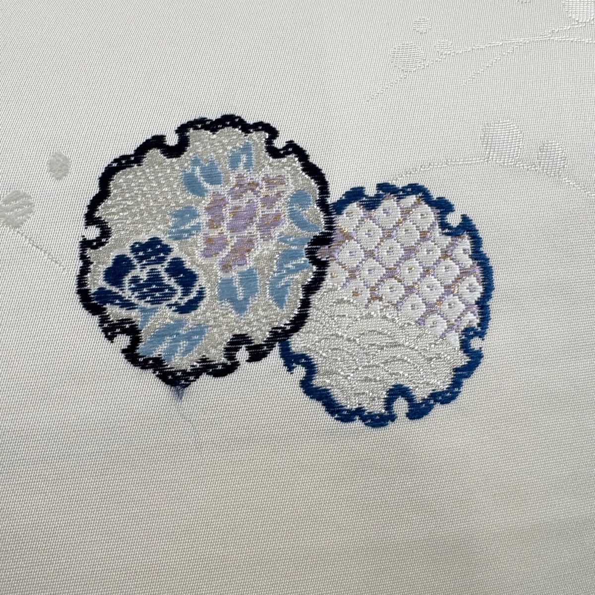 袋帯 灰汁醗酵建本藍染 雪輪 草花 金銀糸 箔 クリーム 全通 正絹