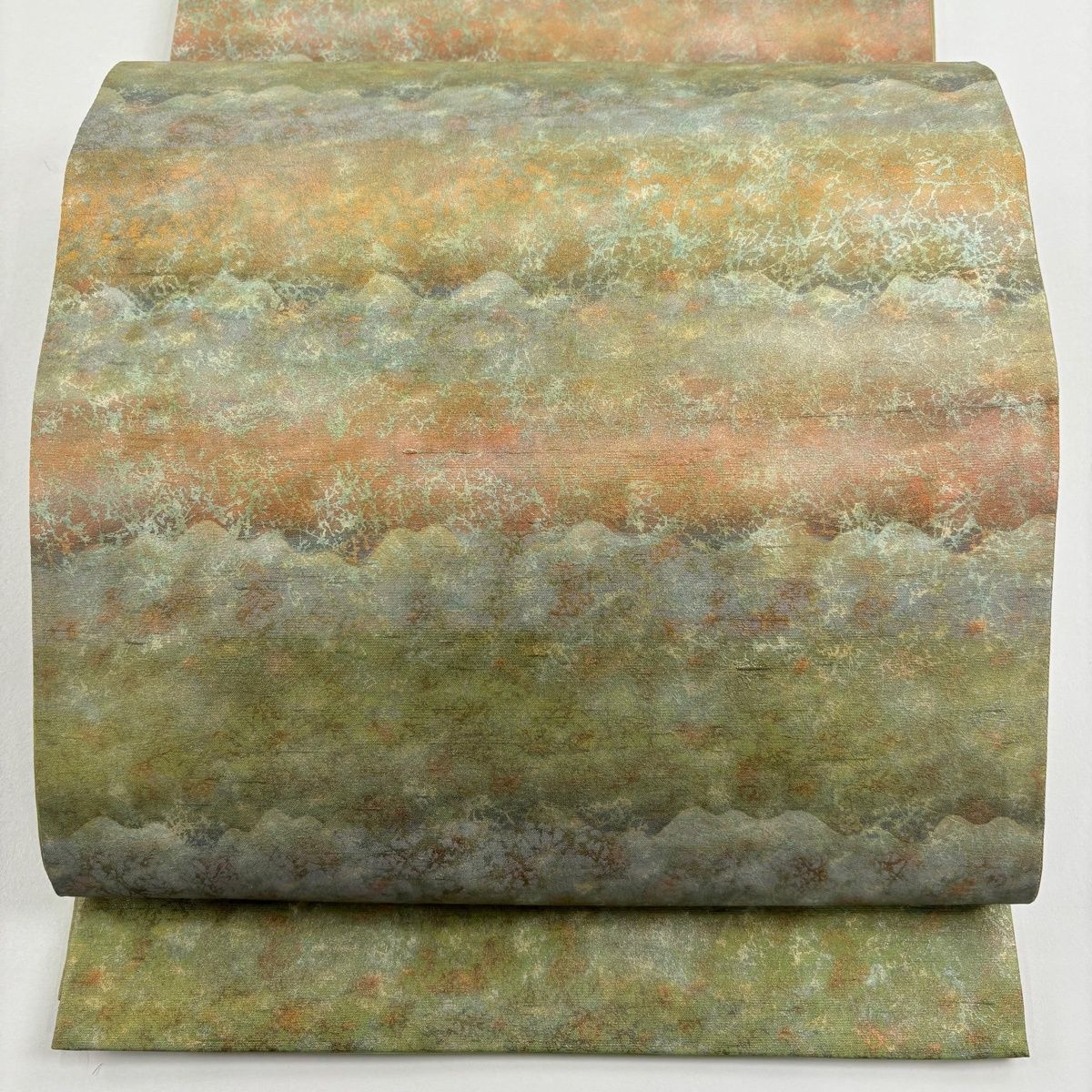 袋帯 落款 証紙 牛首紬地 霞 金銀彩 灰緑 全通 正絹