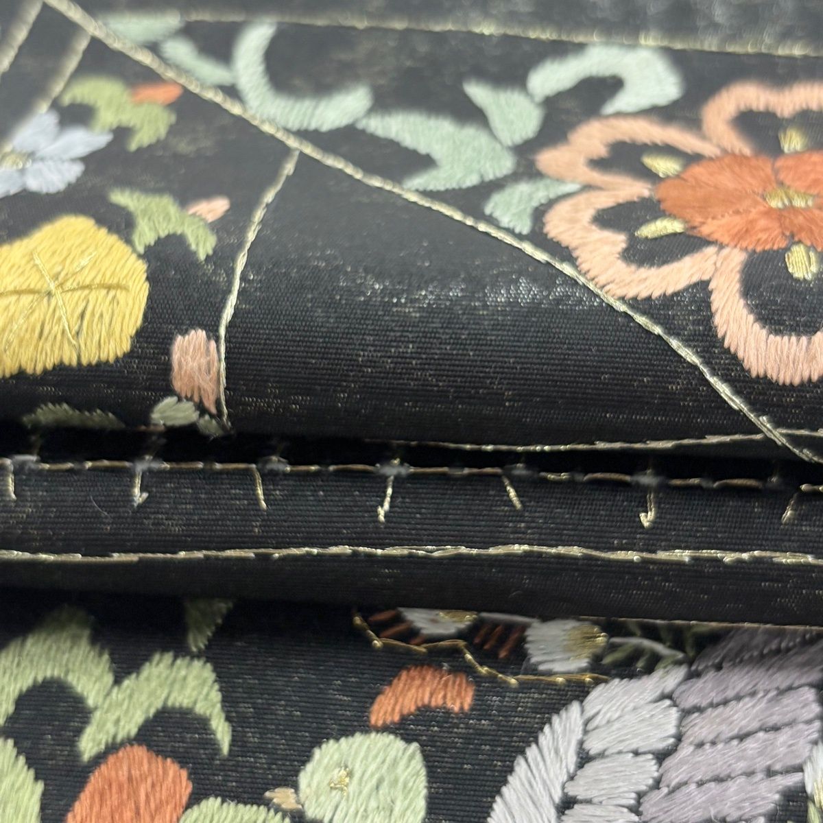  袋帯 孔雀 花鳥 刺繍 金銀糸 黒 六通 正絹 袋帯 帯