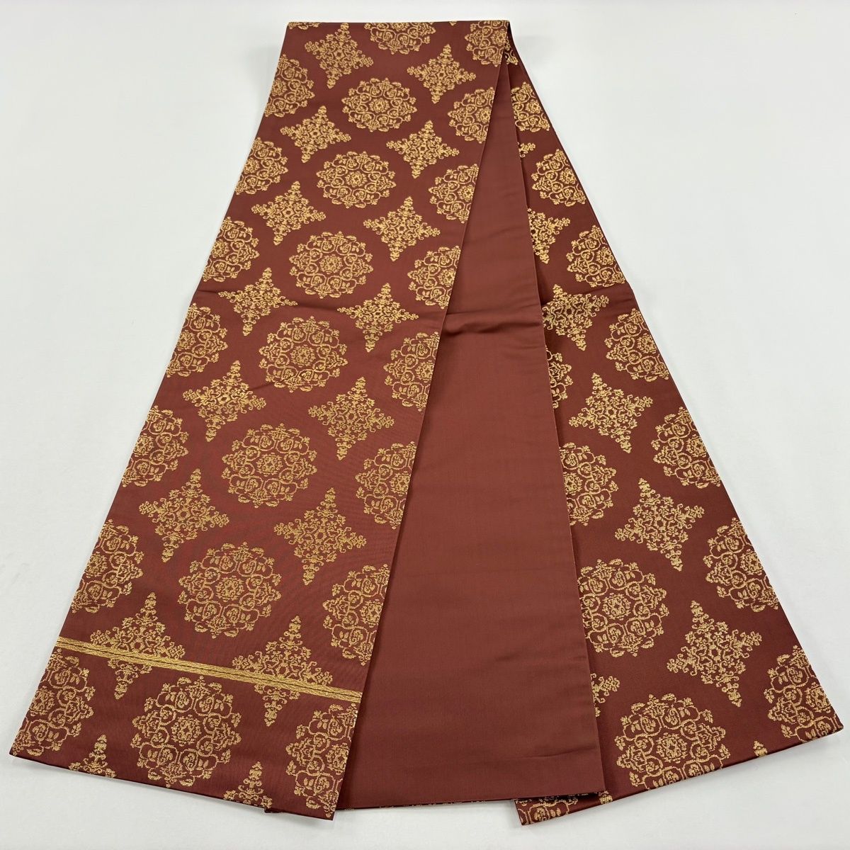  袋帯 龍村晋 落款 御物天平唐花文錦 金糸 箔 赤茶 全通 正絹 袋帯 帯