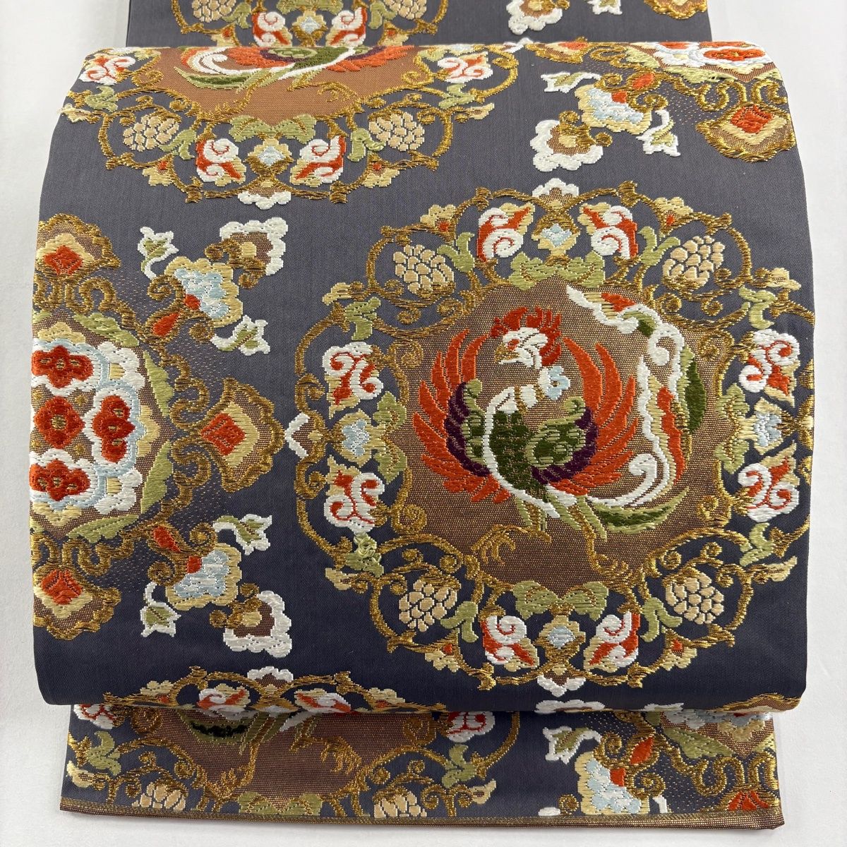 袋帯 河合美術織物 落款 関西仕立て 鳳凰 花唐草 唐織 金糸 灰紫 六通 正絹