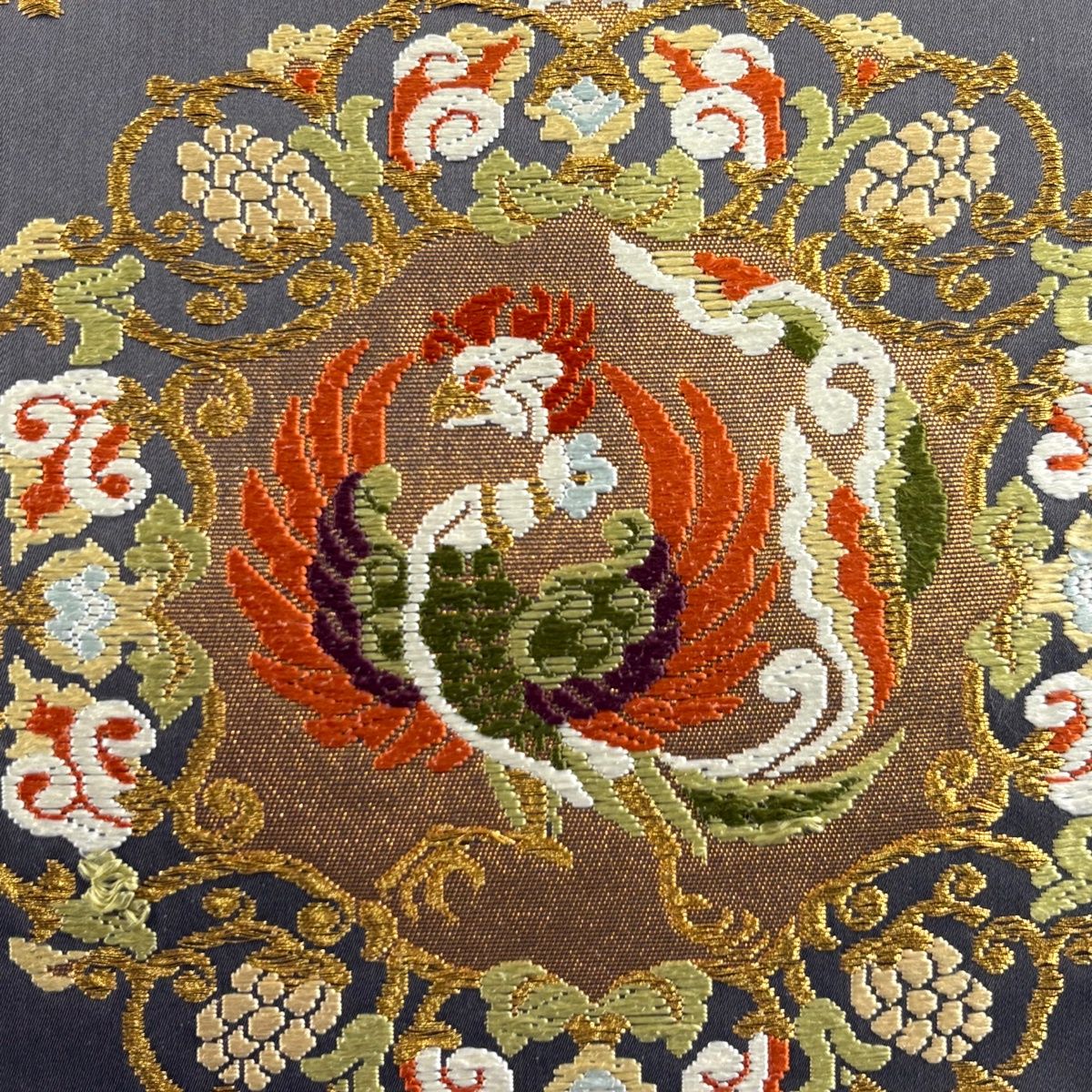 袋帯 河合美術織物 落款 関西仕立て 鳳凰 花唐草 唐織 金糸 灰紫 六通 正絹