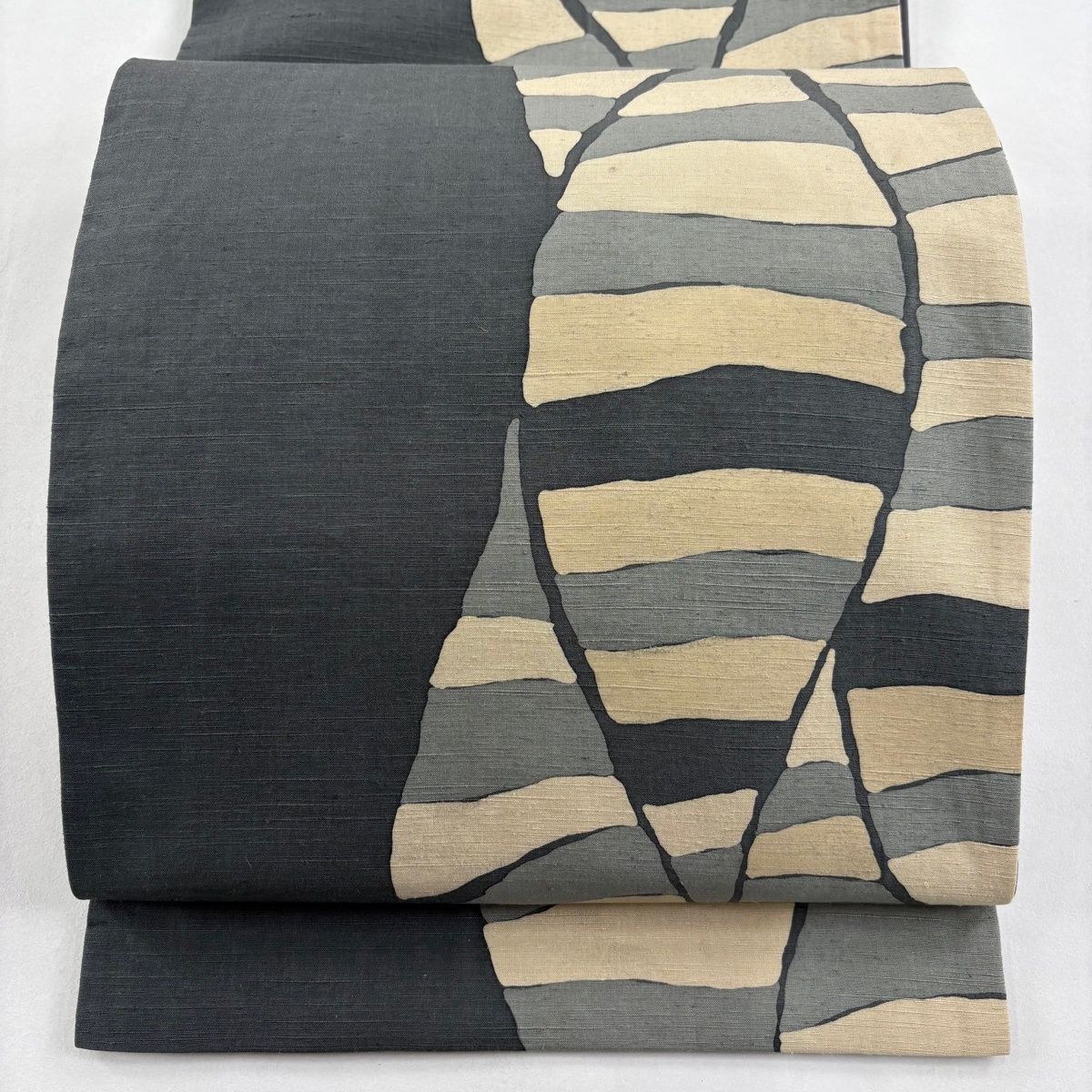 袋名古屋帯 洛楽人 落款 紬地 縞 幾何学 青灰色 正絹