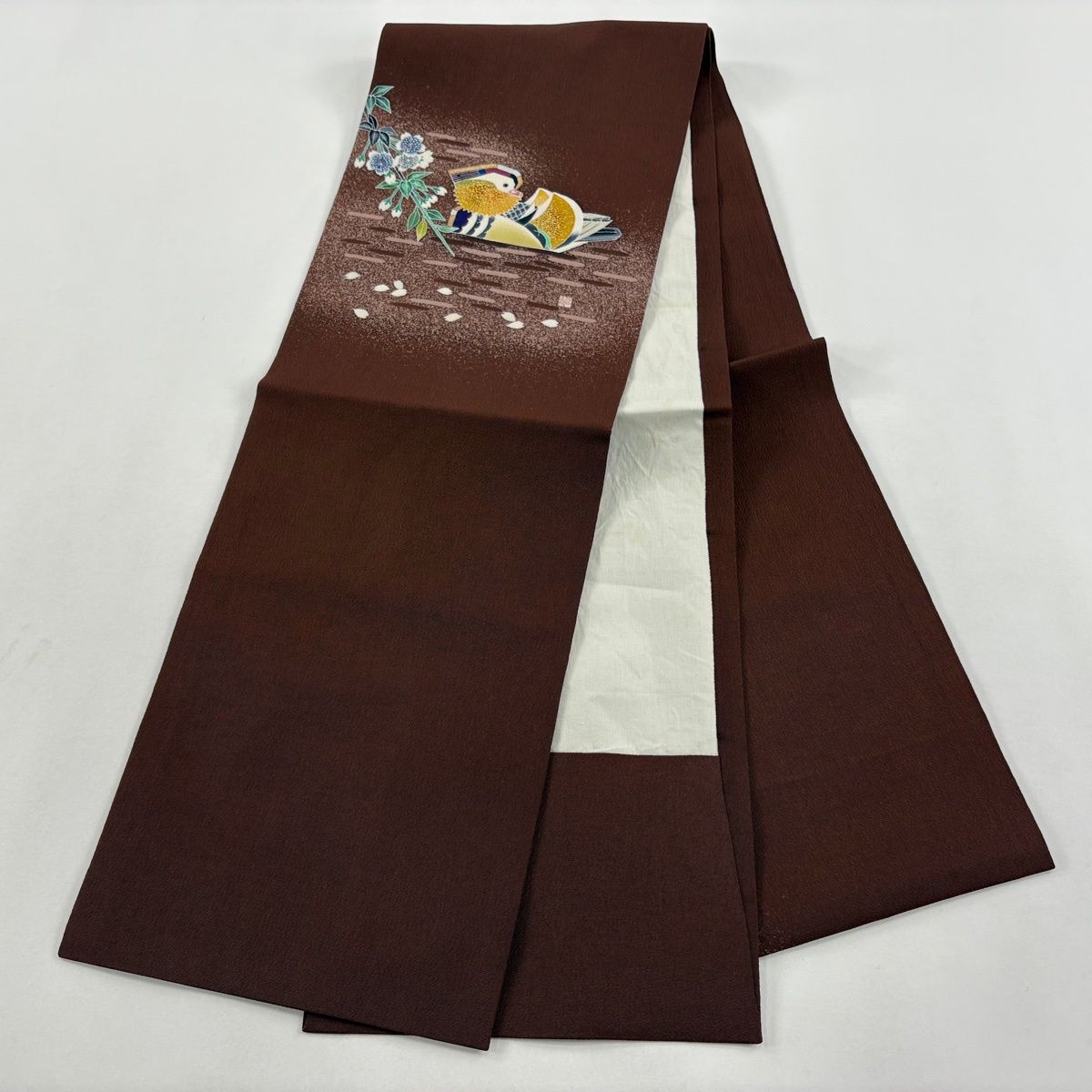 開き名古屋帯 逸品 人間国宝 羽田登喜男 落款 鴛鴦 桜 金銀彩 焦茶色