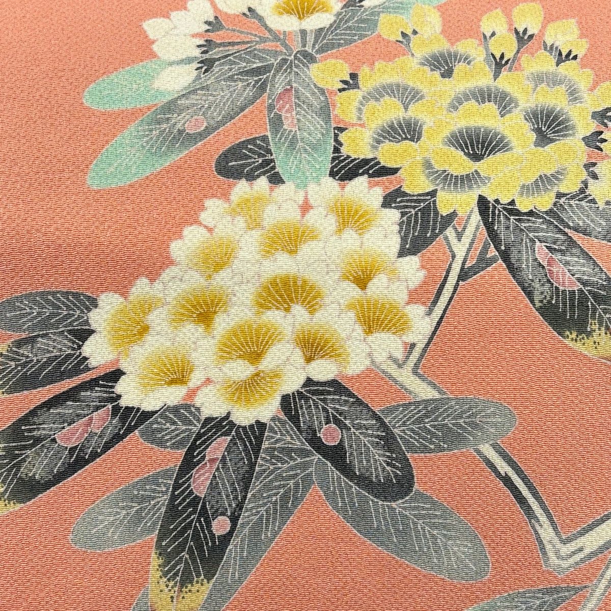 名古屋帯 人間国宝 羽田登喜男 落款 草花 縮緬 ぼかし サーモンピンク 正絹