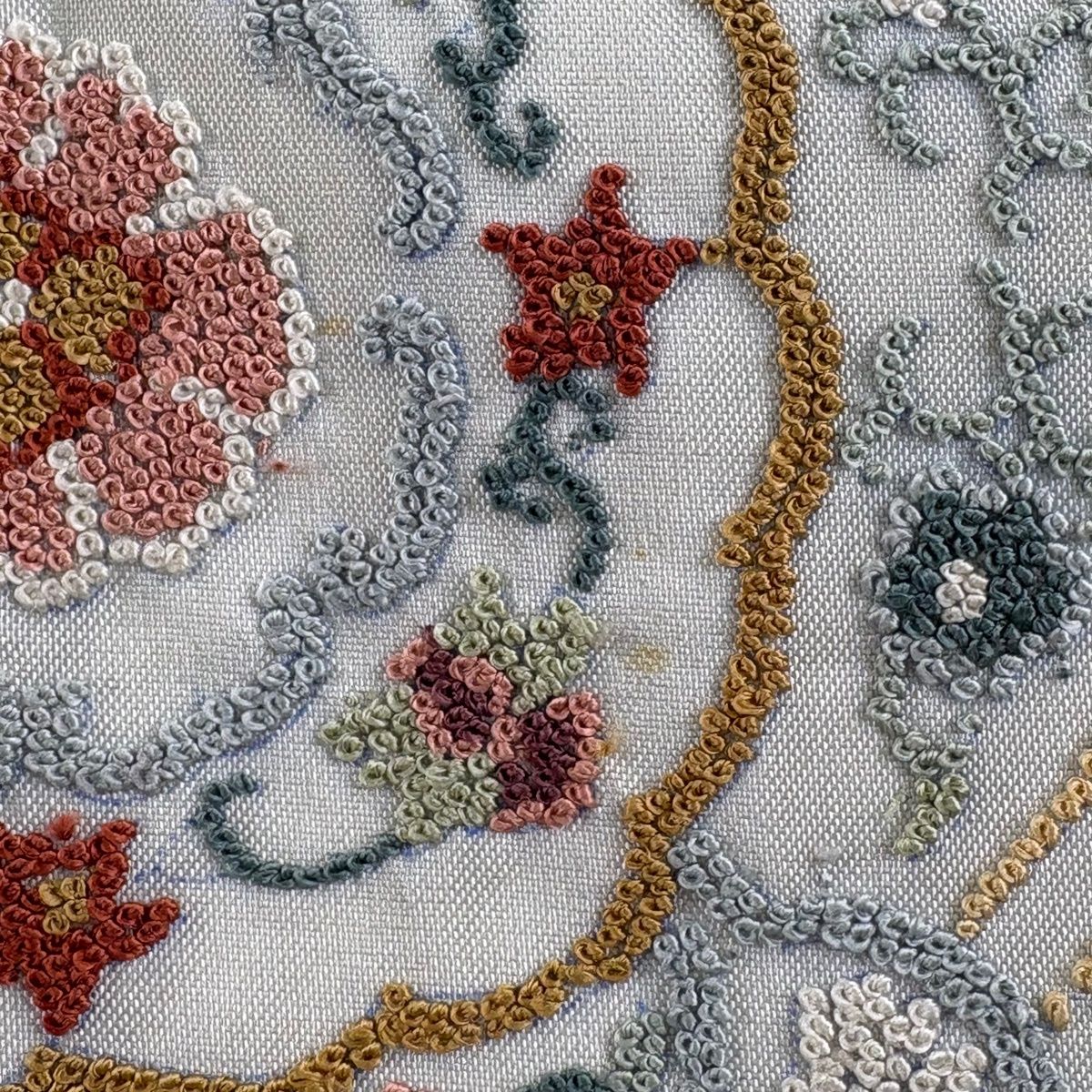  袋名古屋帯 蜀江華文 相良刺繍 青灰色 正絹 名古屋帯 帯