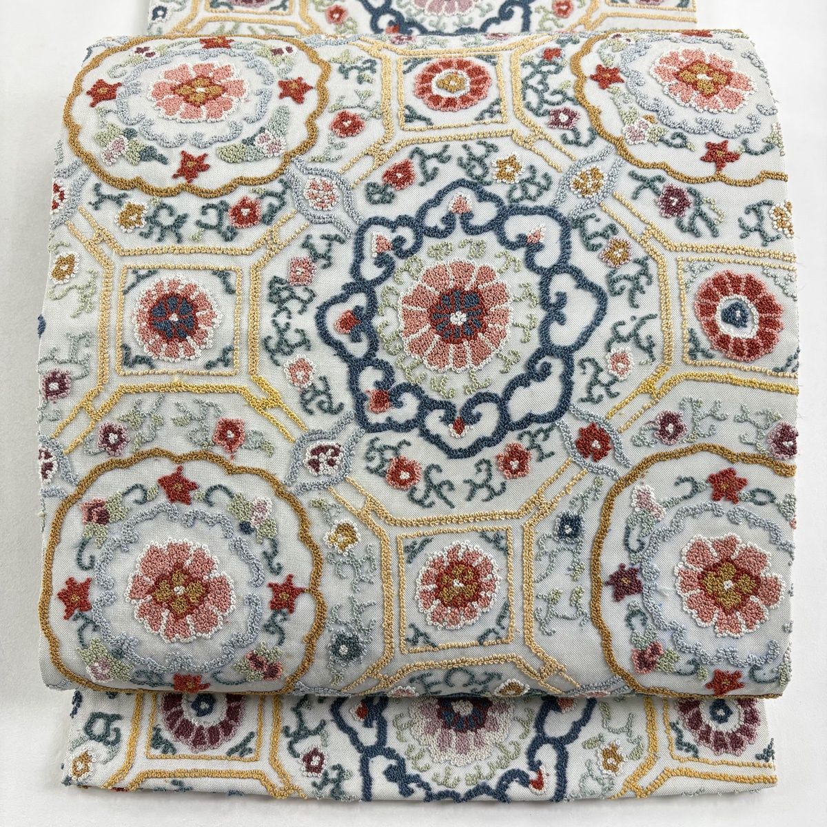 袋名古屋帯 蜀江華文 相良刺繍 青灰色 正絹