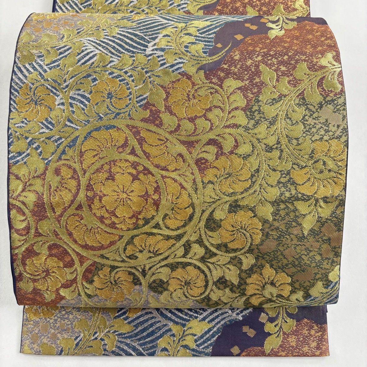 袋帯 川島織物 落款 草花 波 金糸 箔 鶯色 六通 正絹