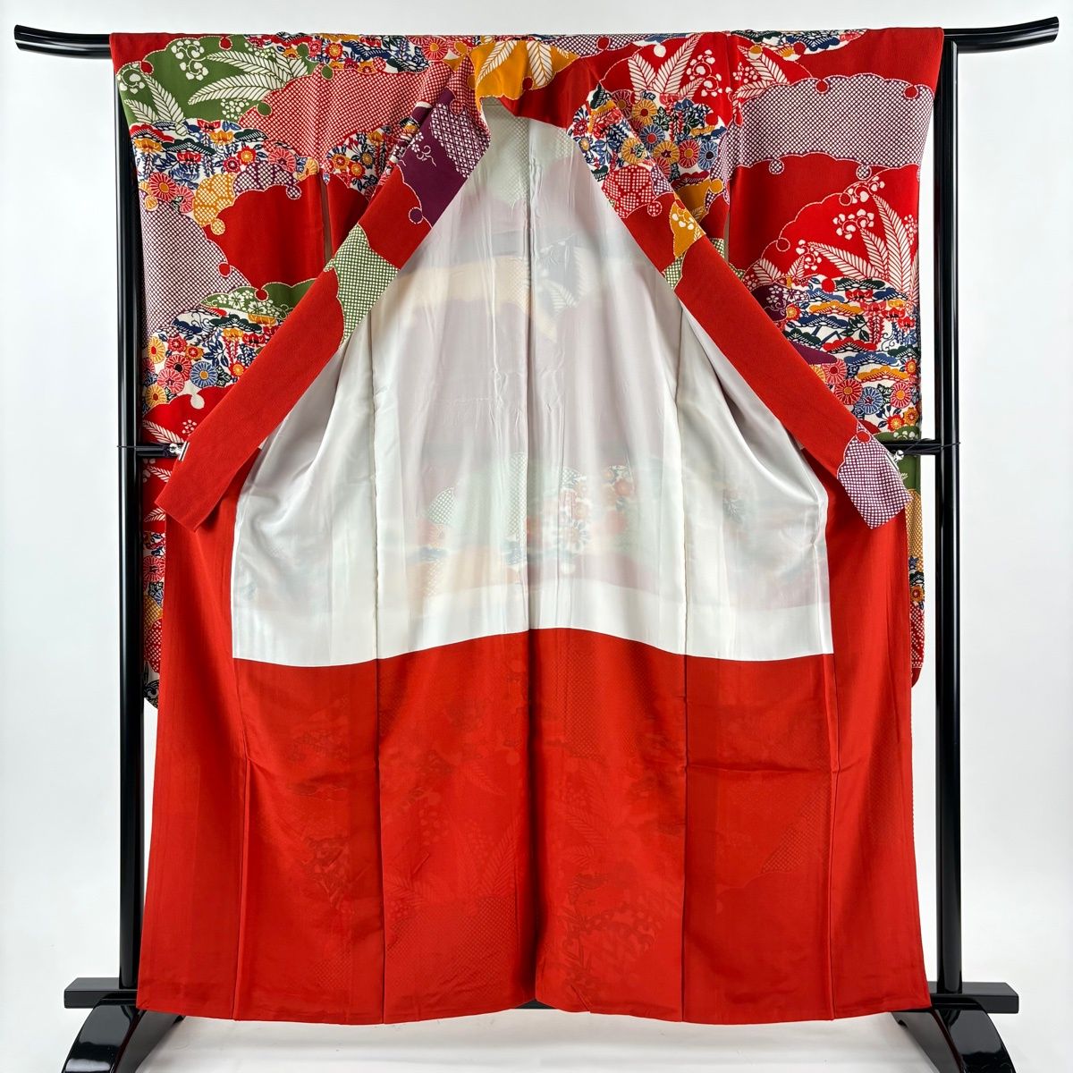 振袖 身丈160cm 裄丈66.5cm M 袷 栗山吉三郎 琉球紅型 落款 雪輪 草花