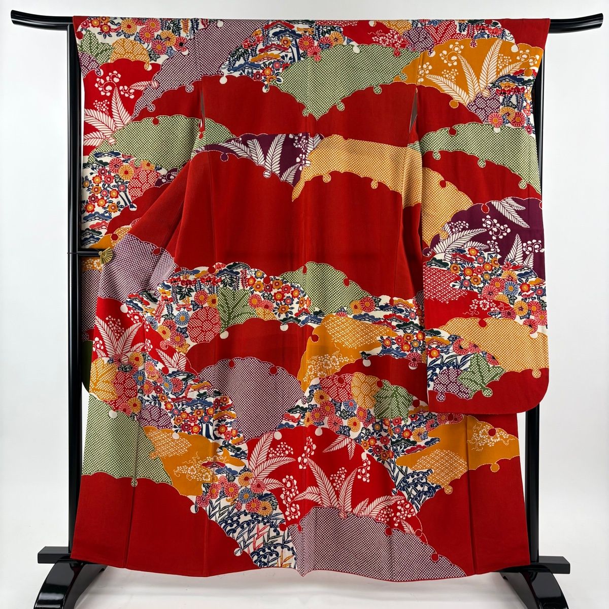 栗山吉三郎 琉球紅型 振袖 正絹 落款 振袖 身丈160cm 裄丈66.5cm M 袷 栗山吉三郎 琉球紅型 落款 雪輪 草花