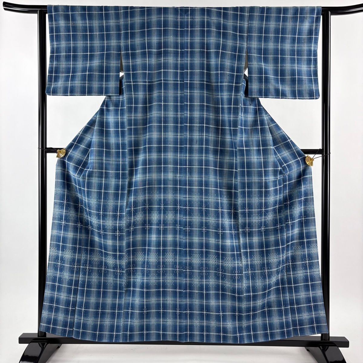 付下げ 身丈159 cm 裄丈62 5 S 袷 紬地 格子 幾何学模様 藍色 正絹