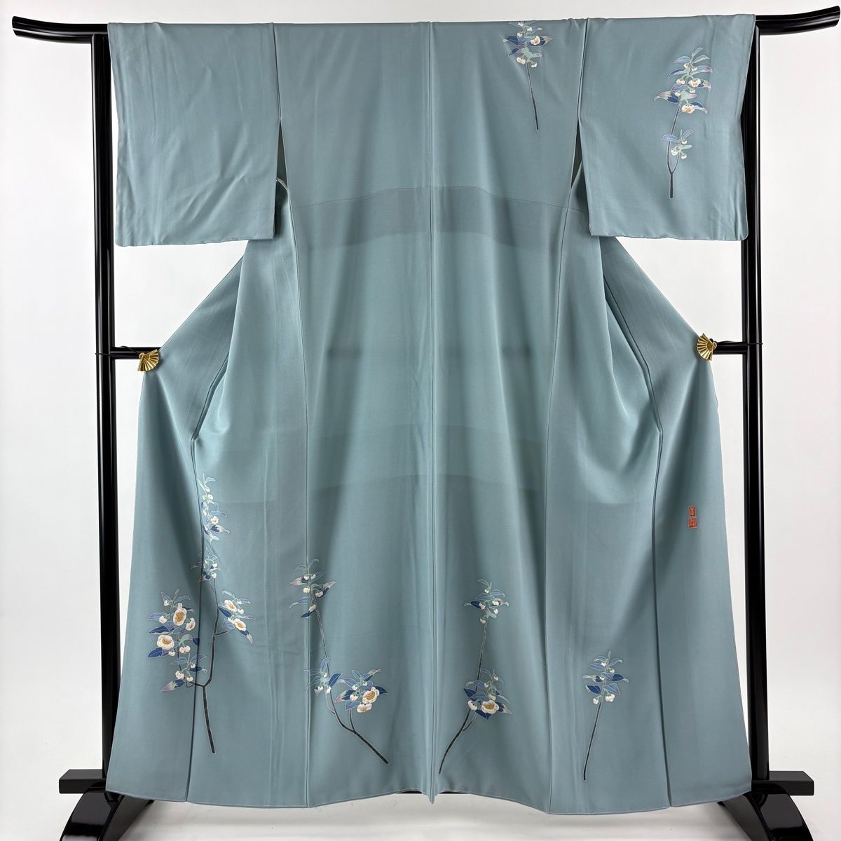 付下げ 身丈160 cm 裄丈65 M 袷 百貫石峰 落款 枝花 青灰色 正絹