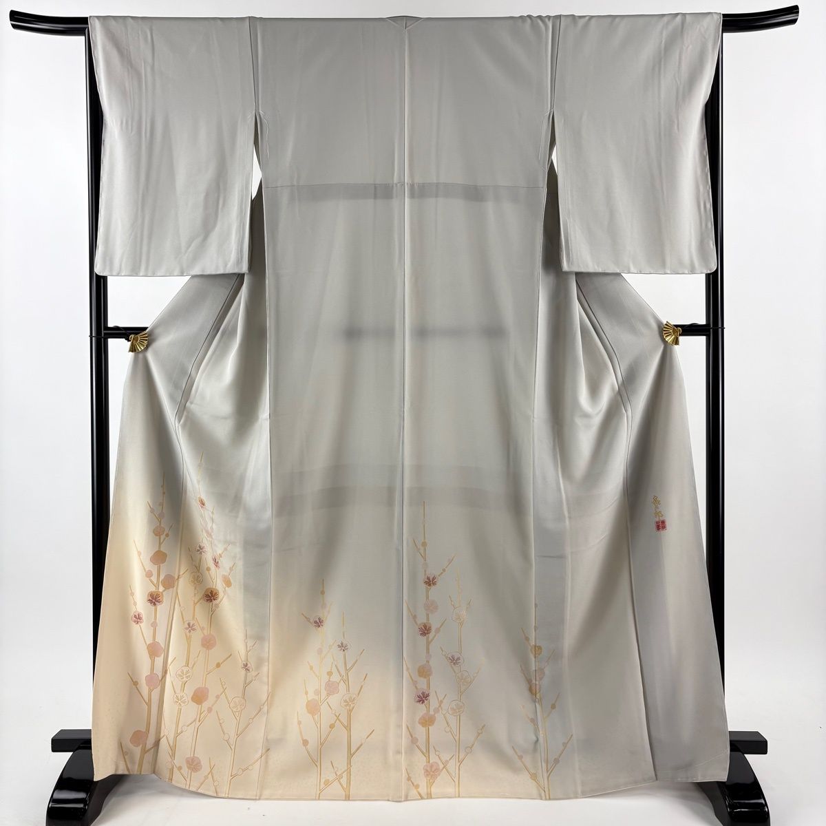 色留袖 身丈168 5 cm 裄丈66 M 袷 人間国宝 福田喜重 落款 枝梅 刺繍 金彩 灰色 正絹