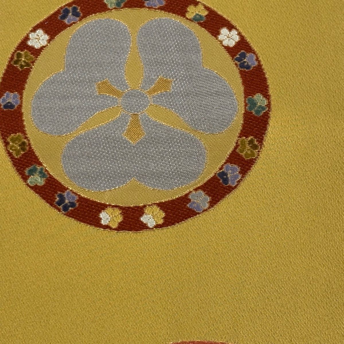 半幅帯 秀品 丸文 花柄 金糸 からし色 正絹