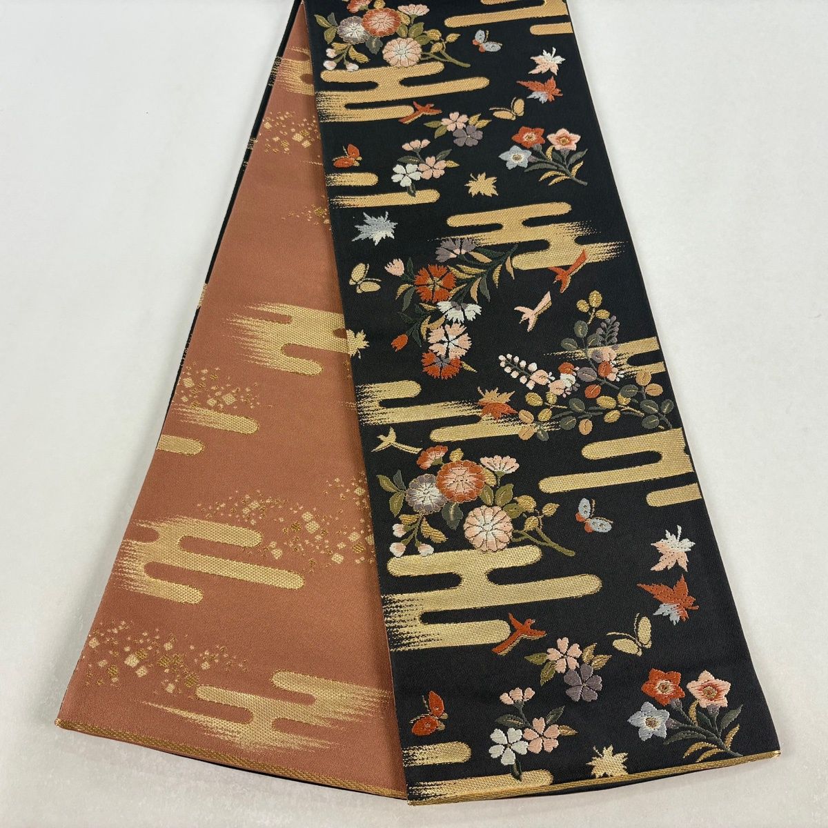 半幅帯 秀品 草花 ヱ霞 金糸 唐織 焦茶色 正絹