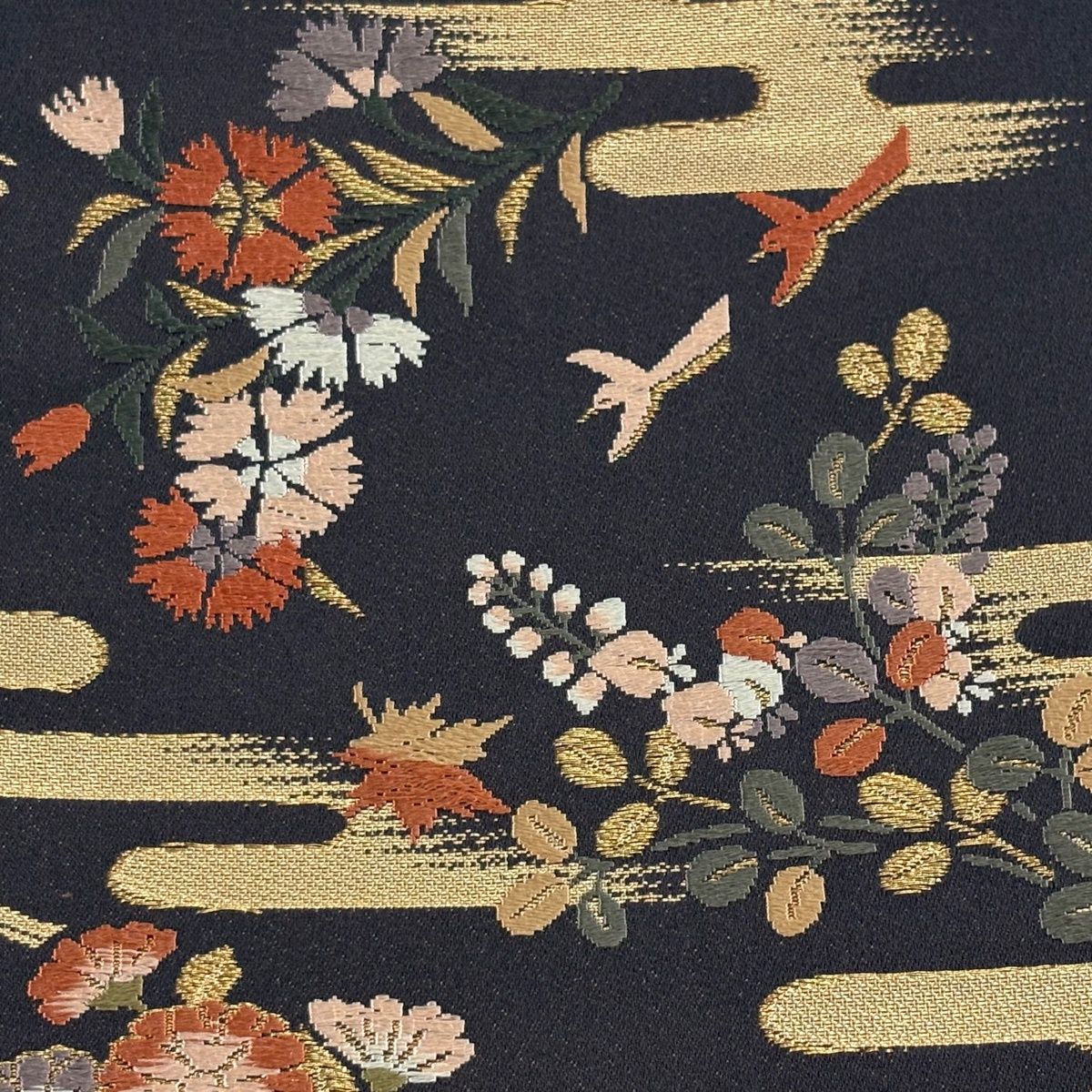 半幅帯 秀品 草花 ヱ霞 金糸 唐織 焦茶色 正絹